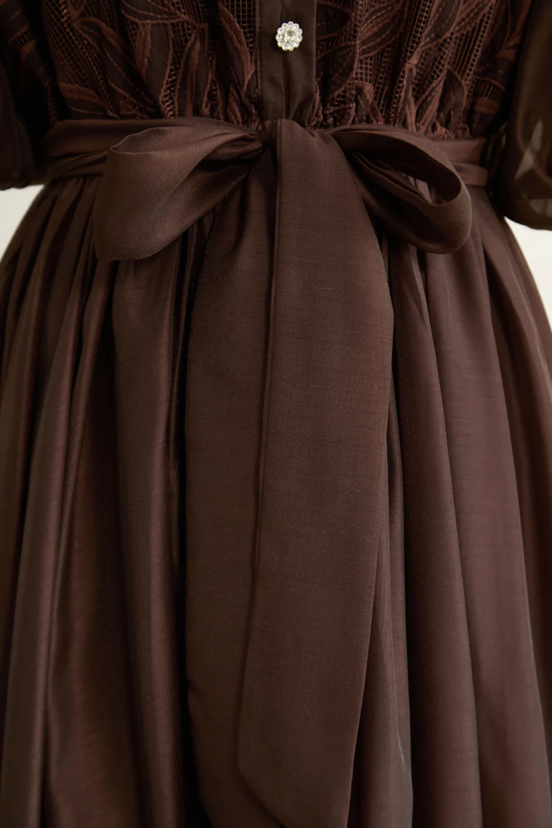 Luyrie Brown Leaf Embroidered Puff Sleeve Maxi Dress