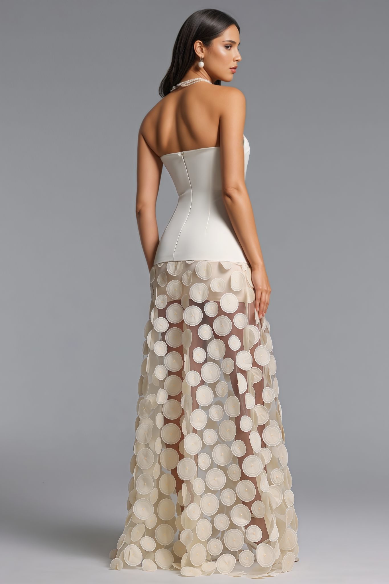 Ivory Sleeveless Tulle Beige Maxi Dress