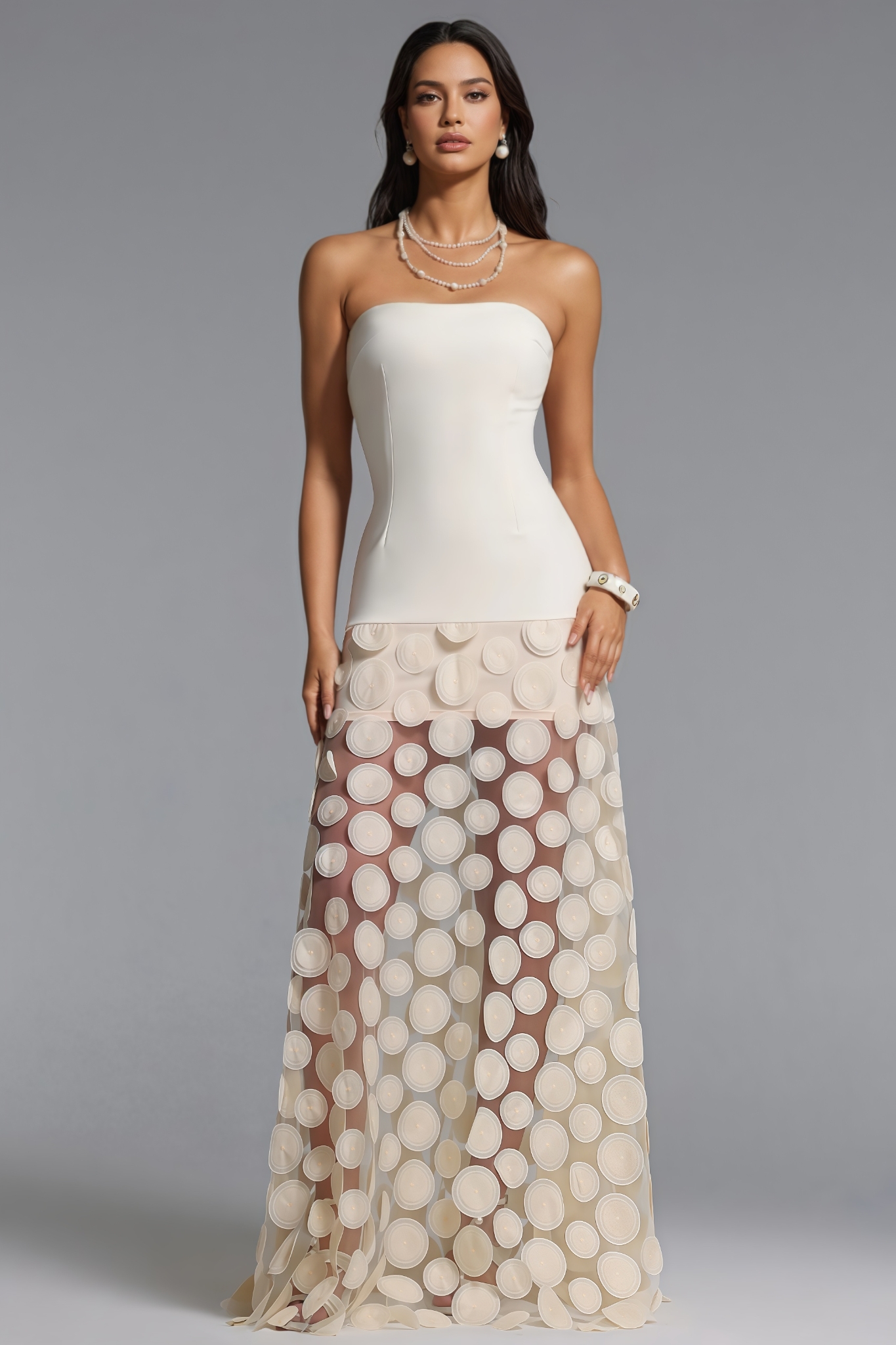 Ivory Sleeveless Tulle Beige Maxi Dress