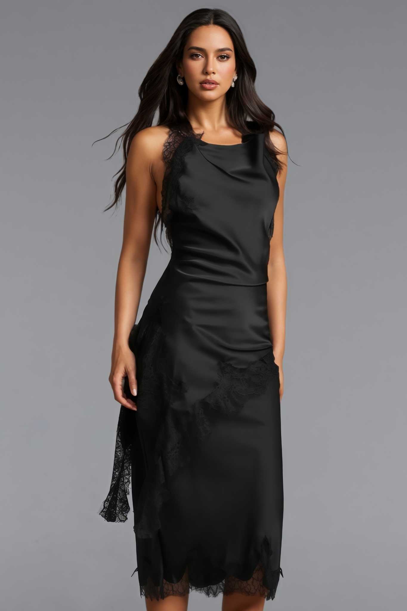 Jansron Halter Lace Satin Top Midi Dress Set