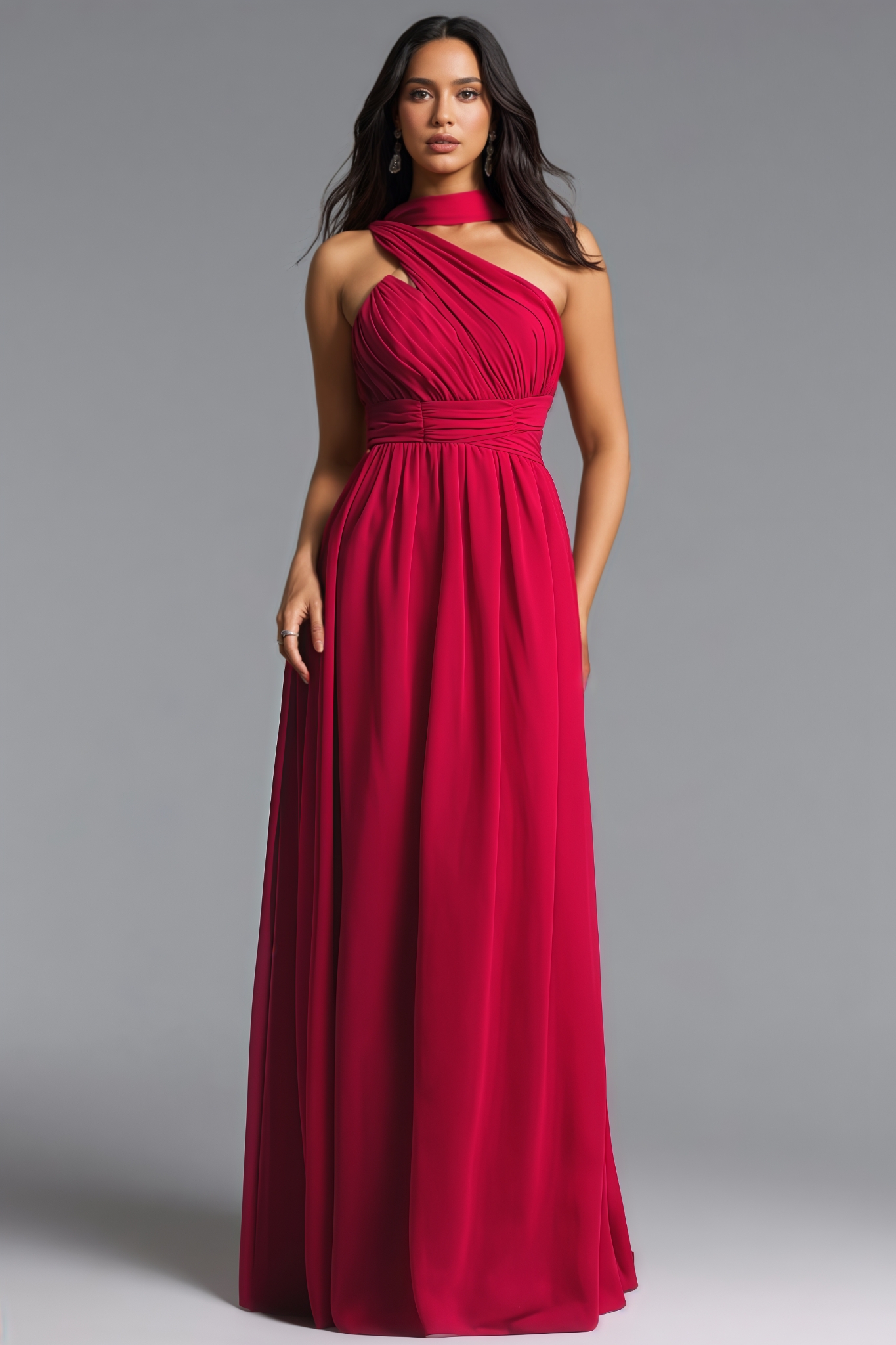 Caron One Shoulder Scarf Pleated Maxi Dress