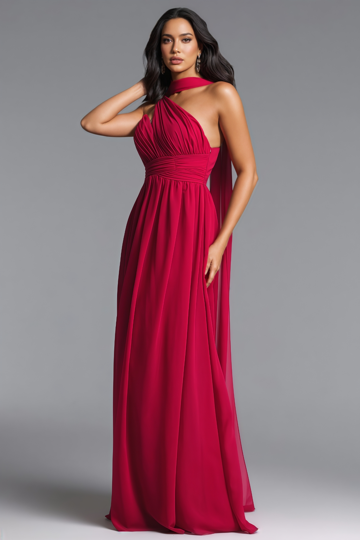 Caron One Shoulder Scarf Pleated Maxi Dress