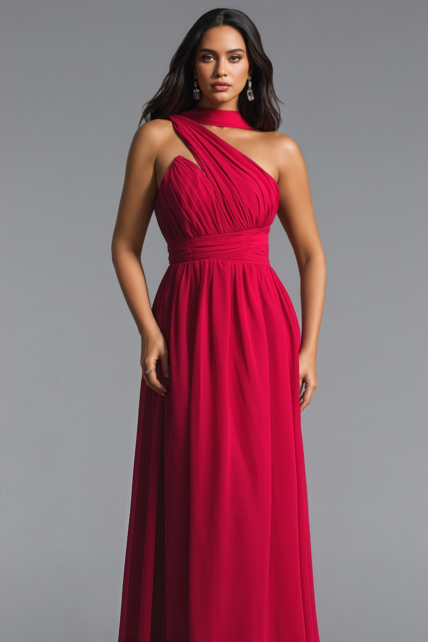Caron One Shoulder Scarf Pleated Maxi Dress