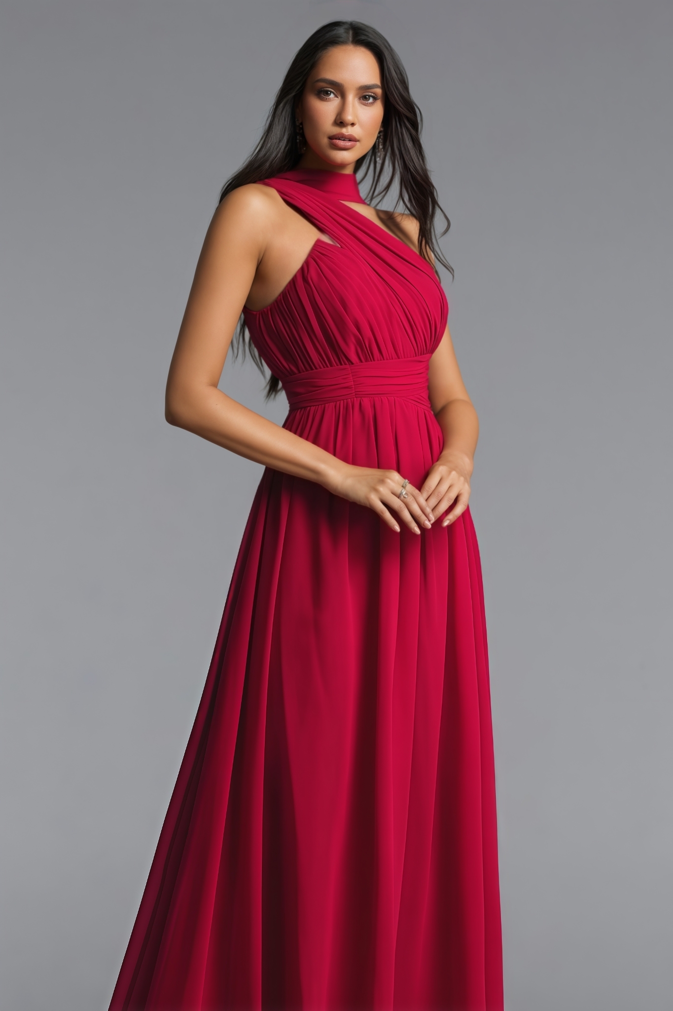 Caron One Shoulder Scarf Pleated Maxi Dress