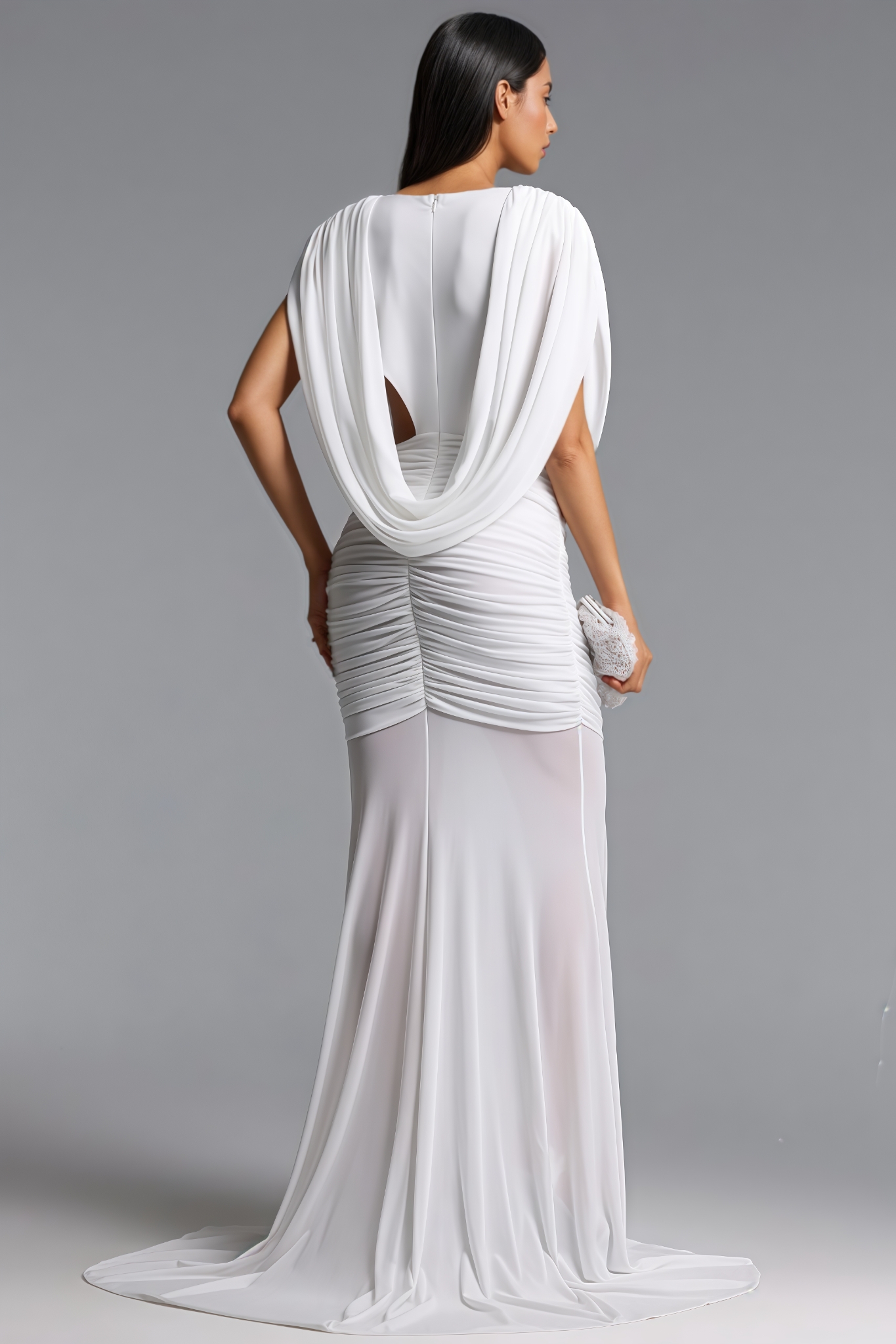 Isadora White Ruched Drape Knit Maxi Dress