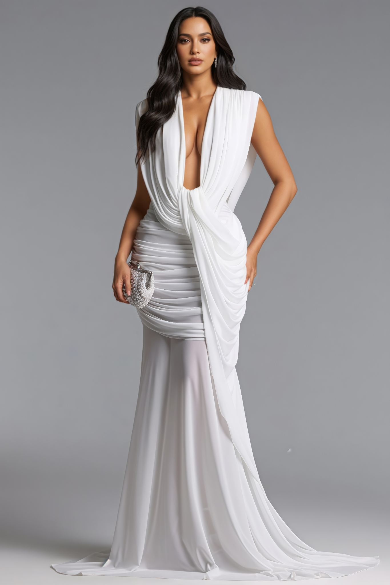 Isadora White Ruched Drape Knit Maxi Dress