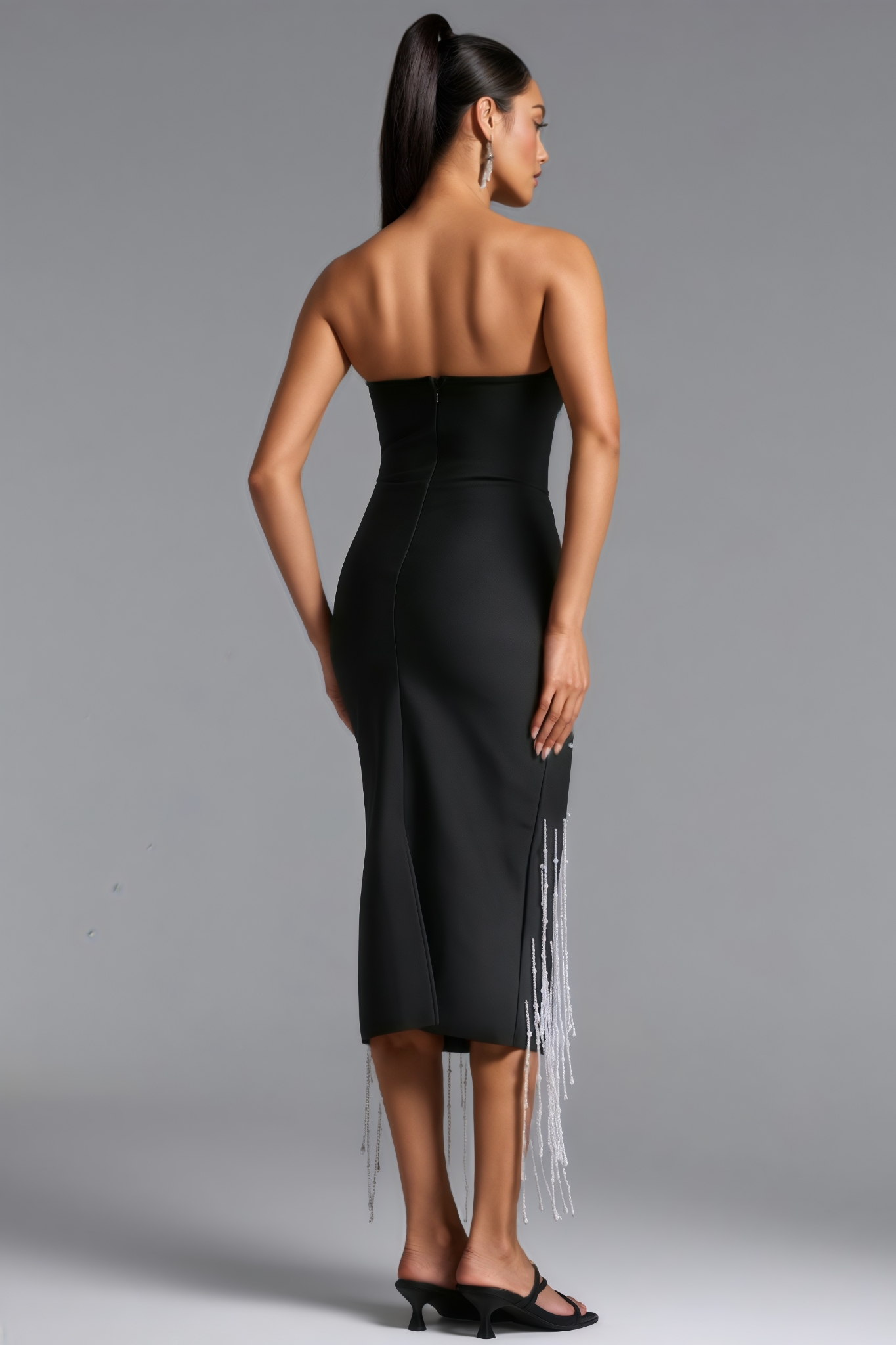 Crdmud Black Strapless Fringe Bandage Midi Dress
