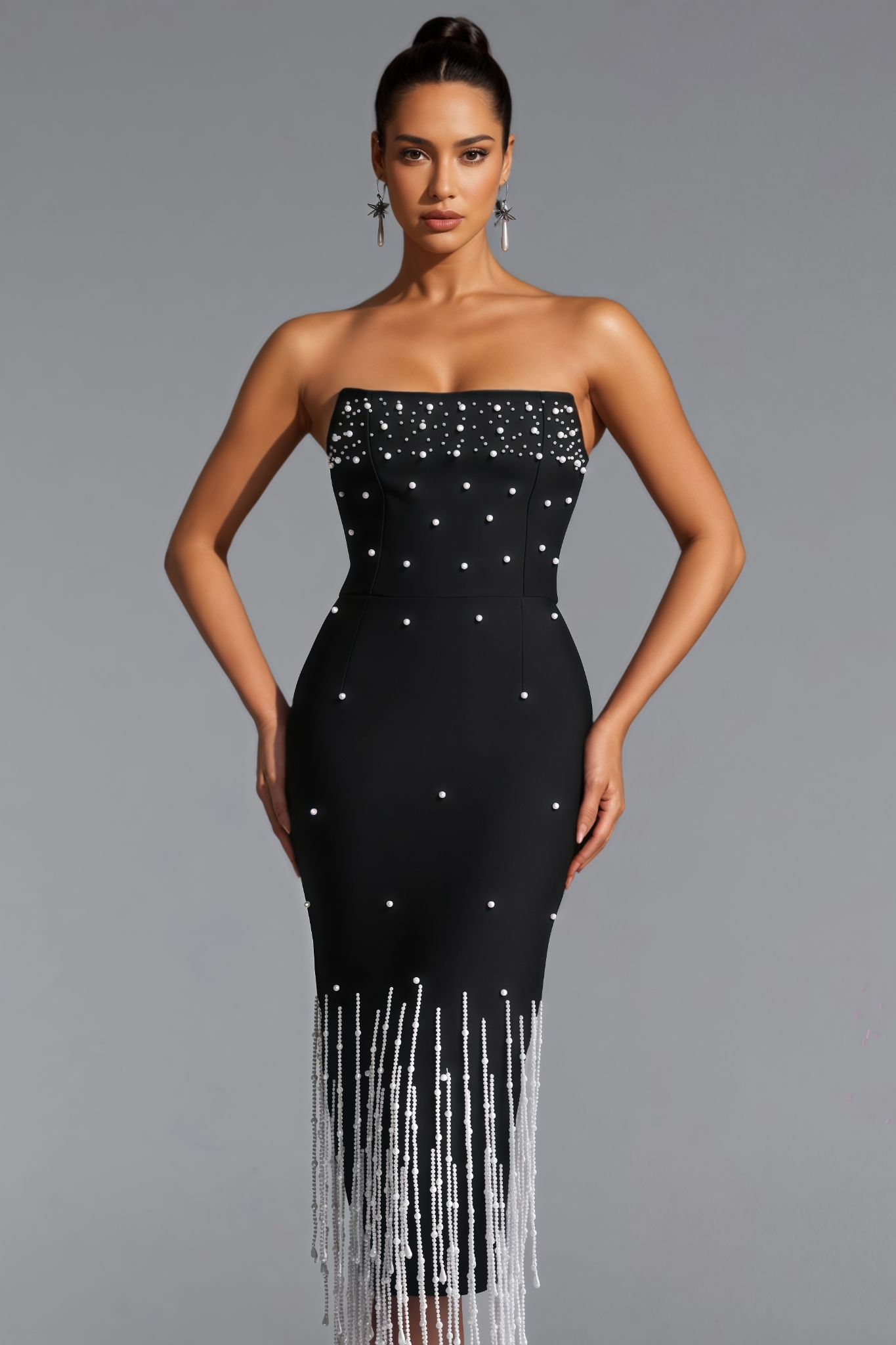 Crdmud Black Strapless Fringe Bandage Midi Dress