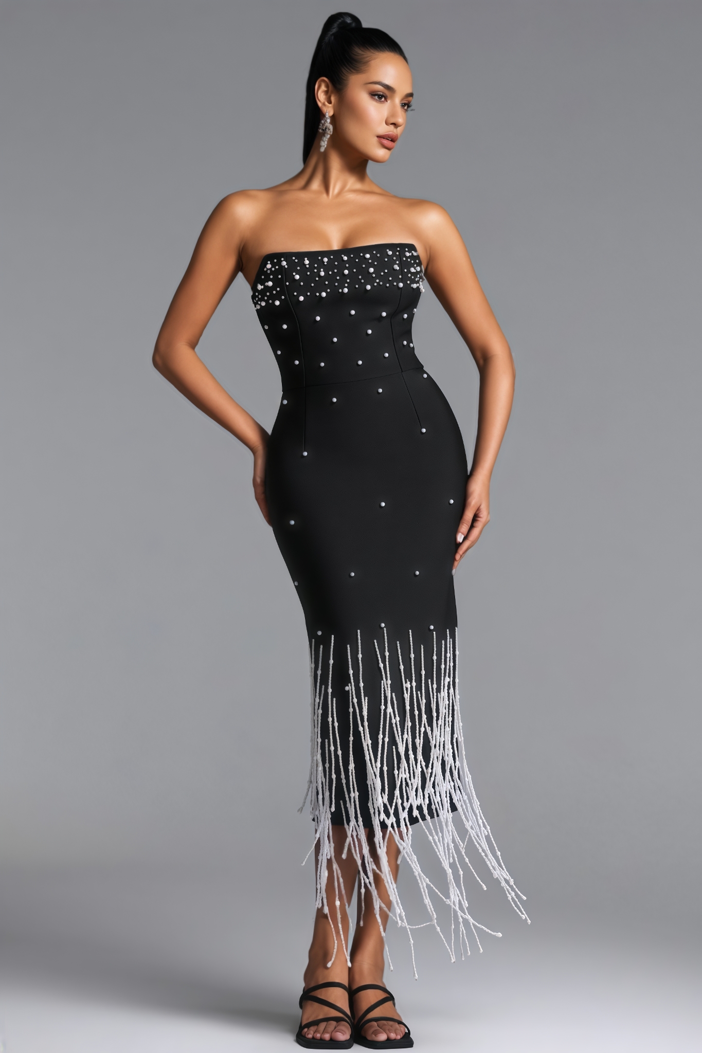 Crdmud Black Strapless Fringe Bandage Midi Dress