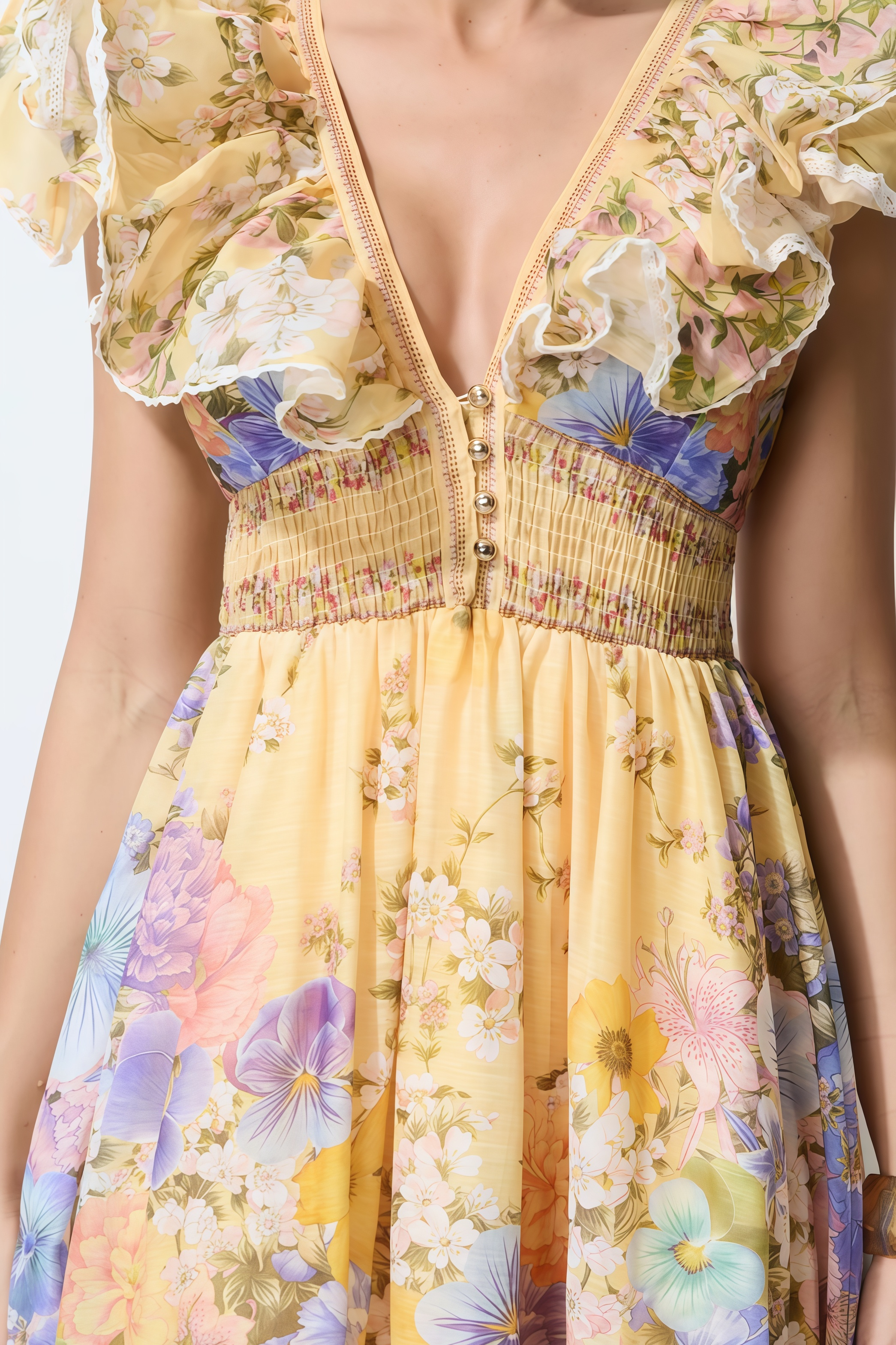 Pinesa Yellow Floral Ruffle Midi Dress