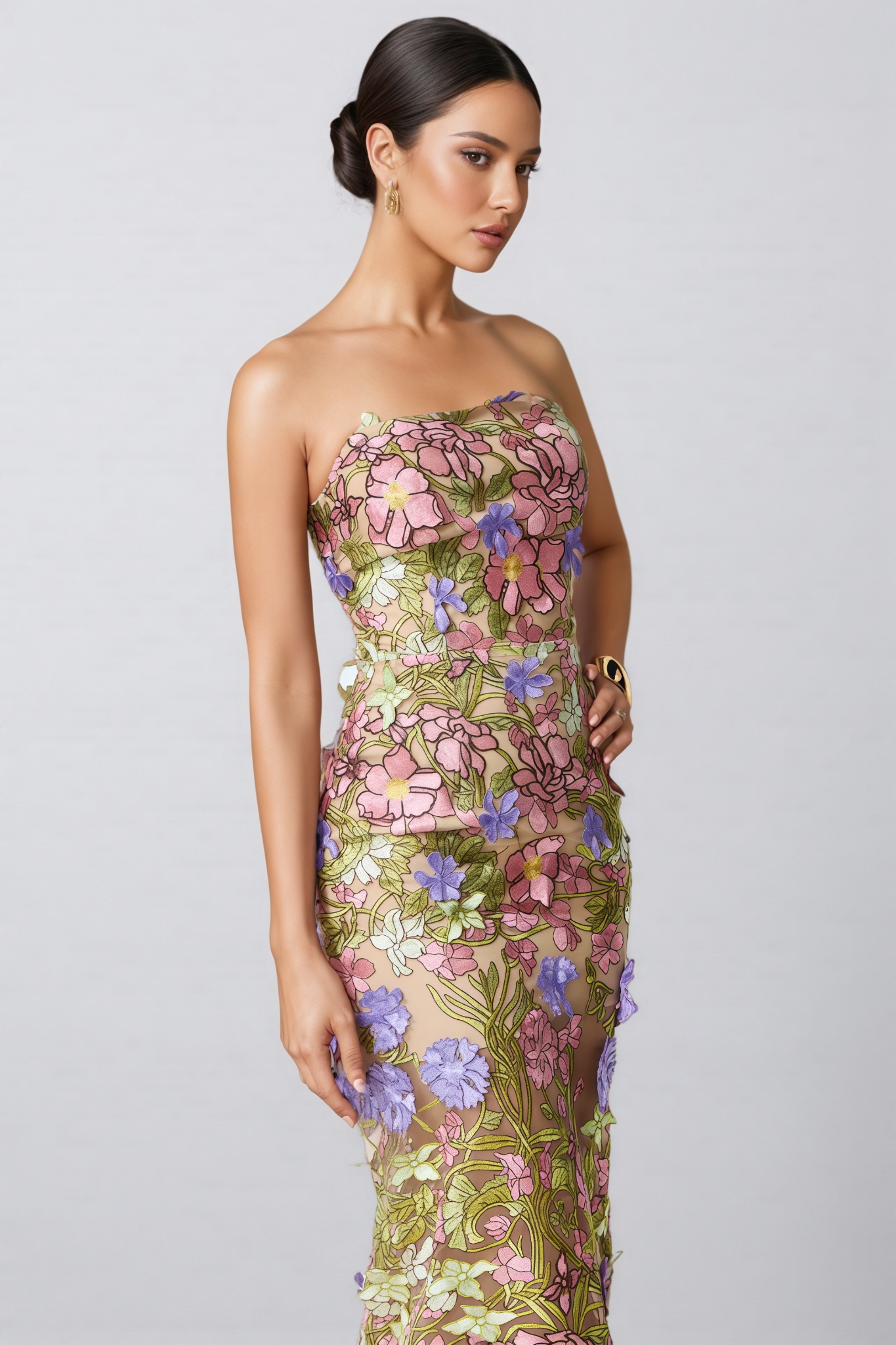 Gwan Strapless 3D Floral Embroidered Maxi Dress