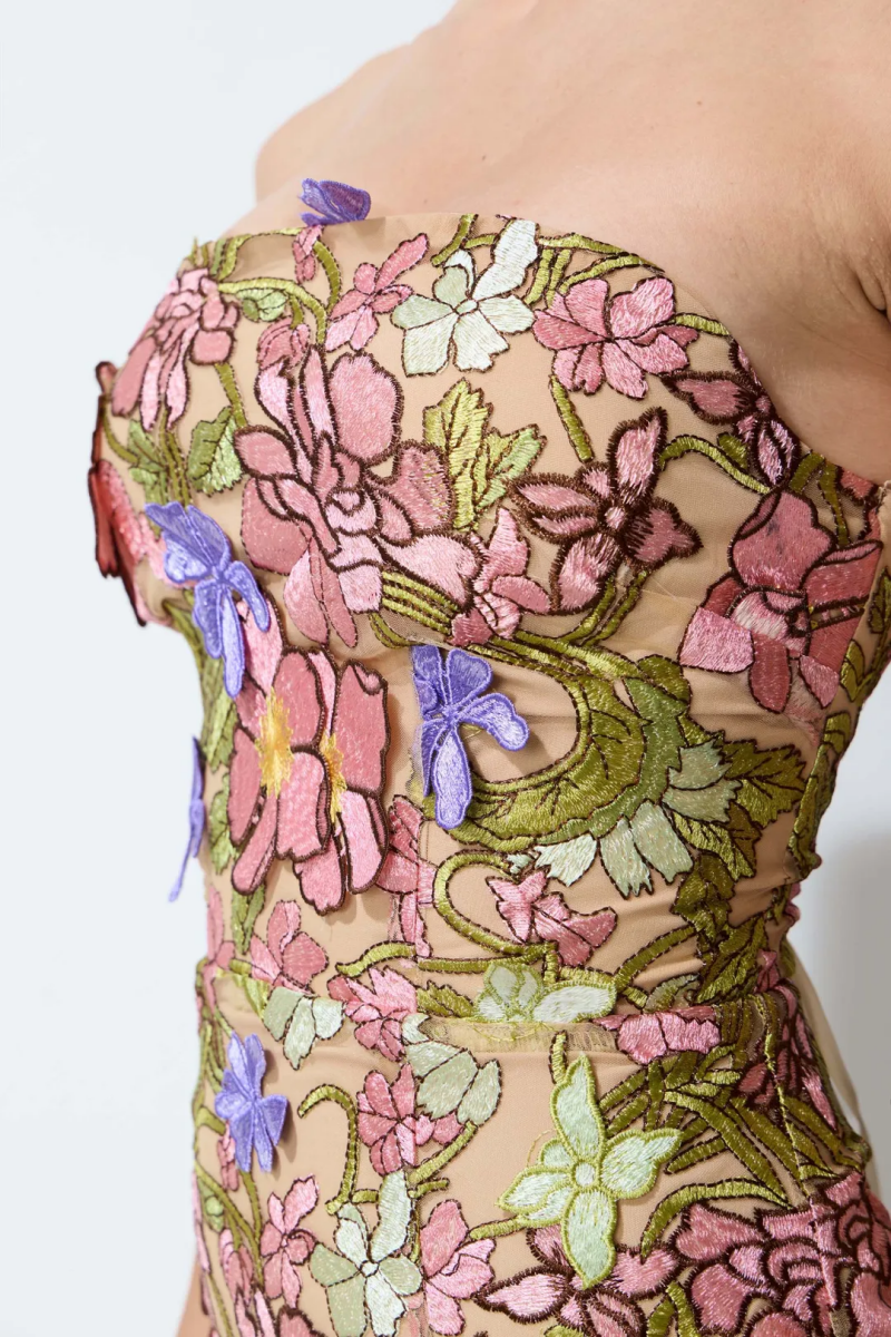 Gwan Strapless 3D Floral Embroidered Maxi Dress