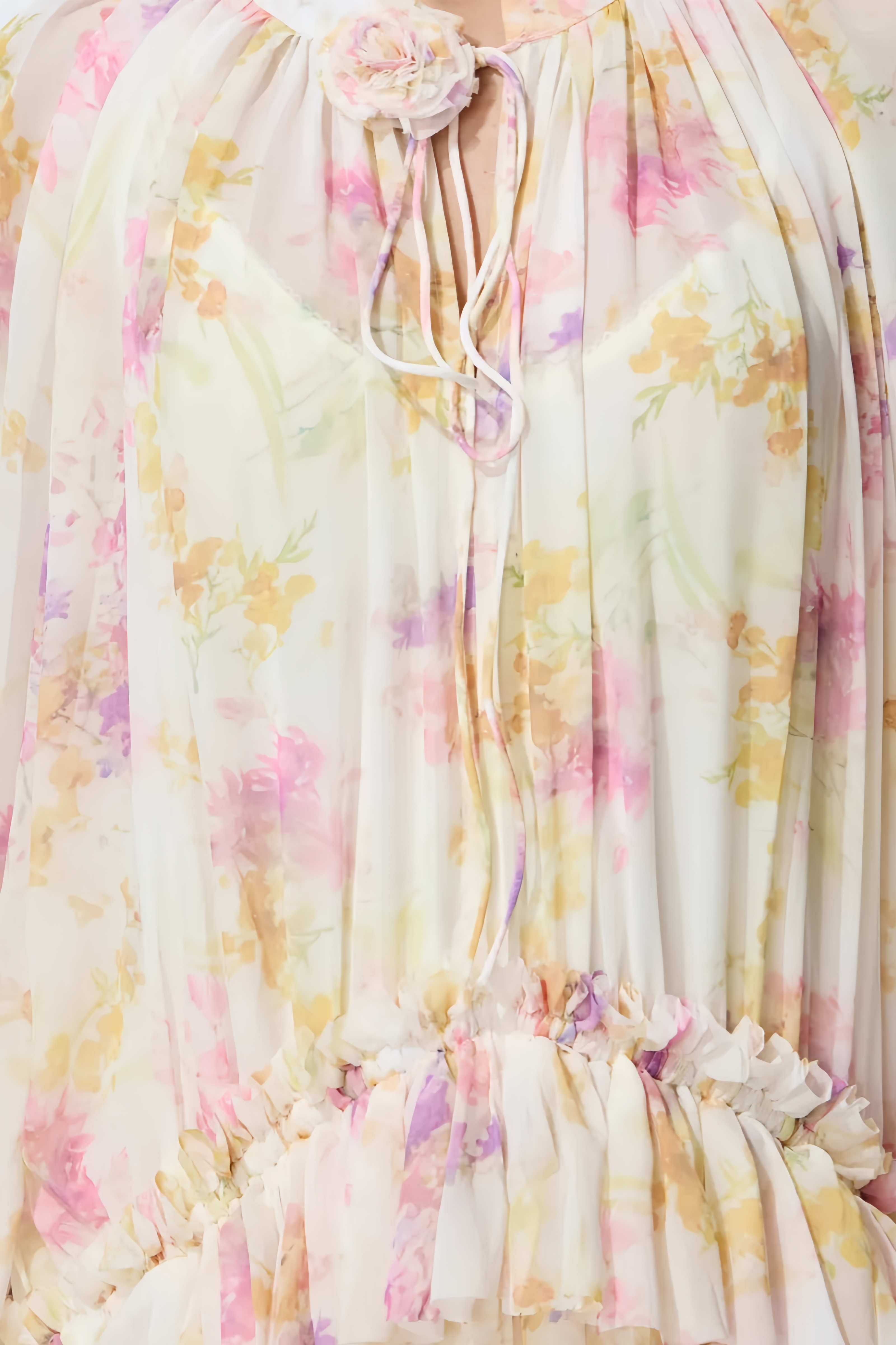 Vanort Beige Floral Lantern Sleeve Maxi Dress