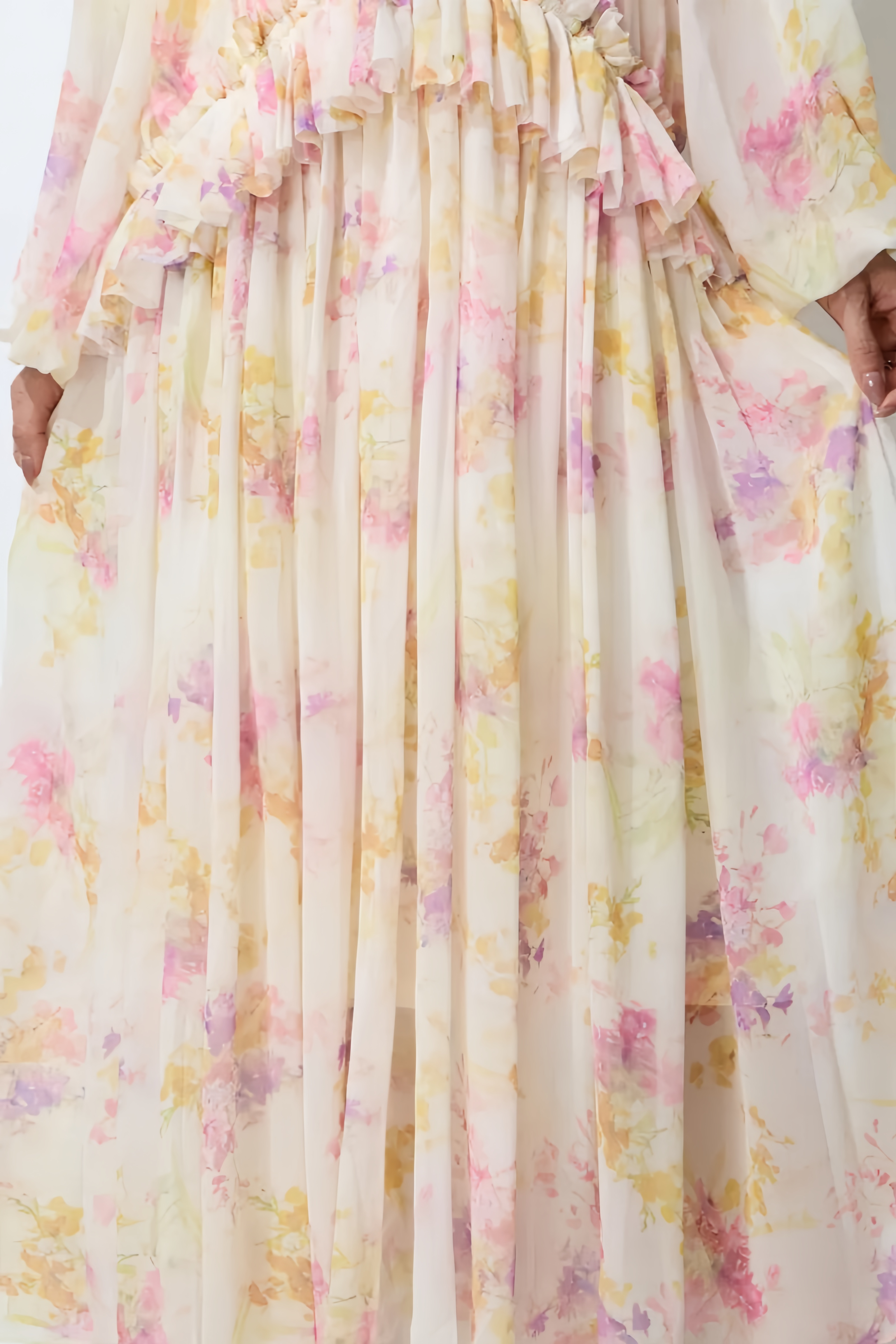 Vanort Beige Floral Lantern Sleeve Maxi Dress
