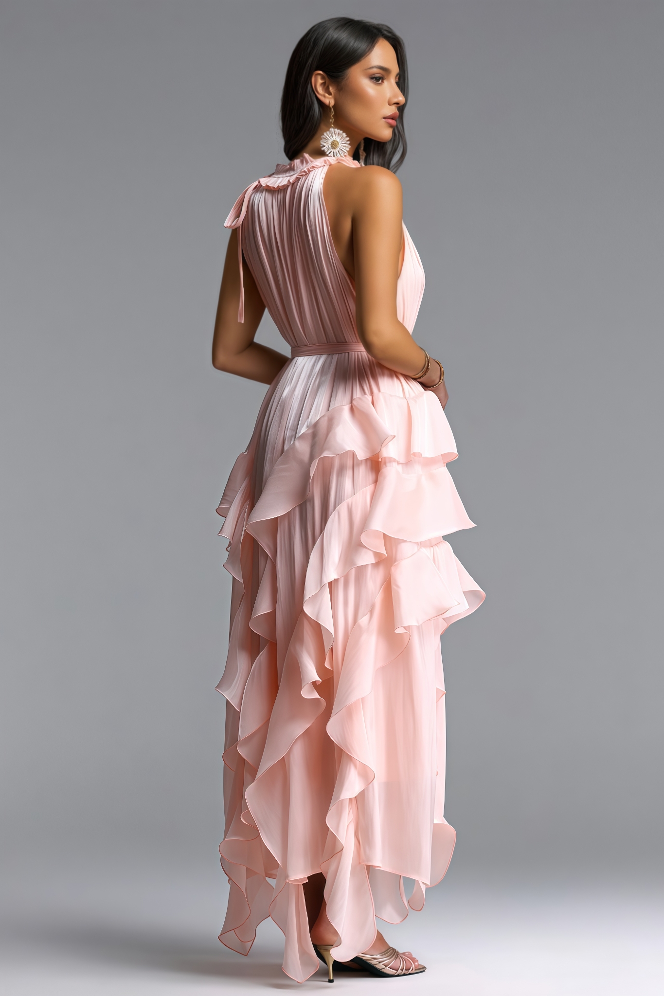 Morniat Pink Sleeveless Ruffle Maxi Dress