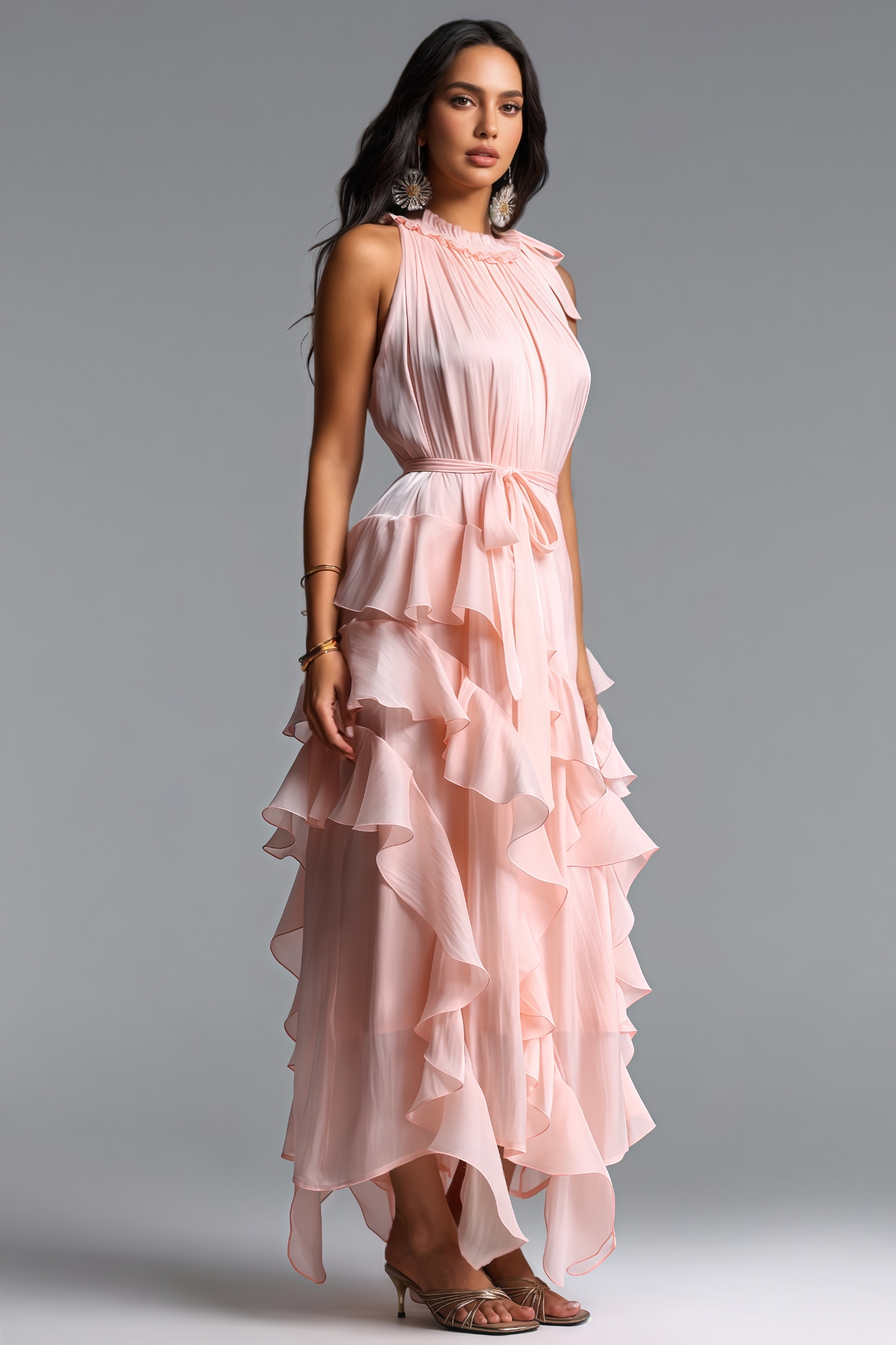 Morniat Pink Sleeveless Ruffle Maxi Dress