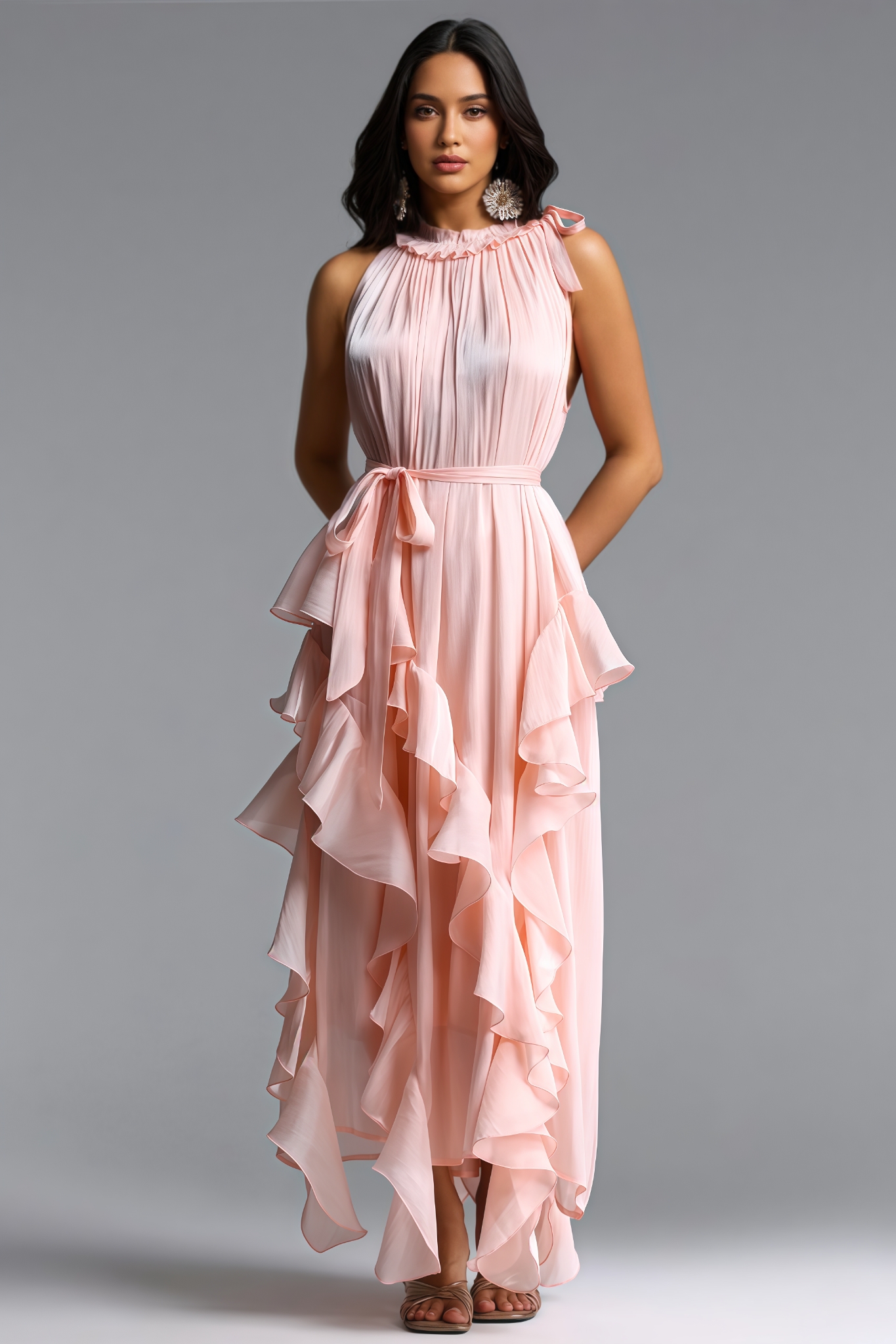 Morniat Pink Sleeveless Ruffle Maxi Dress