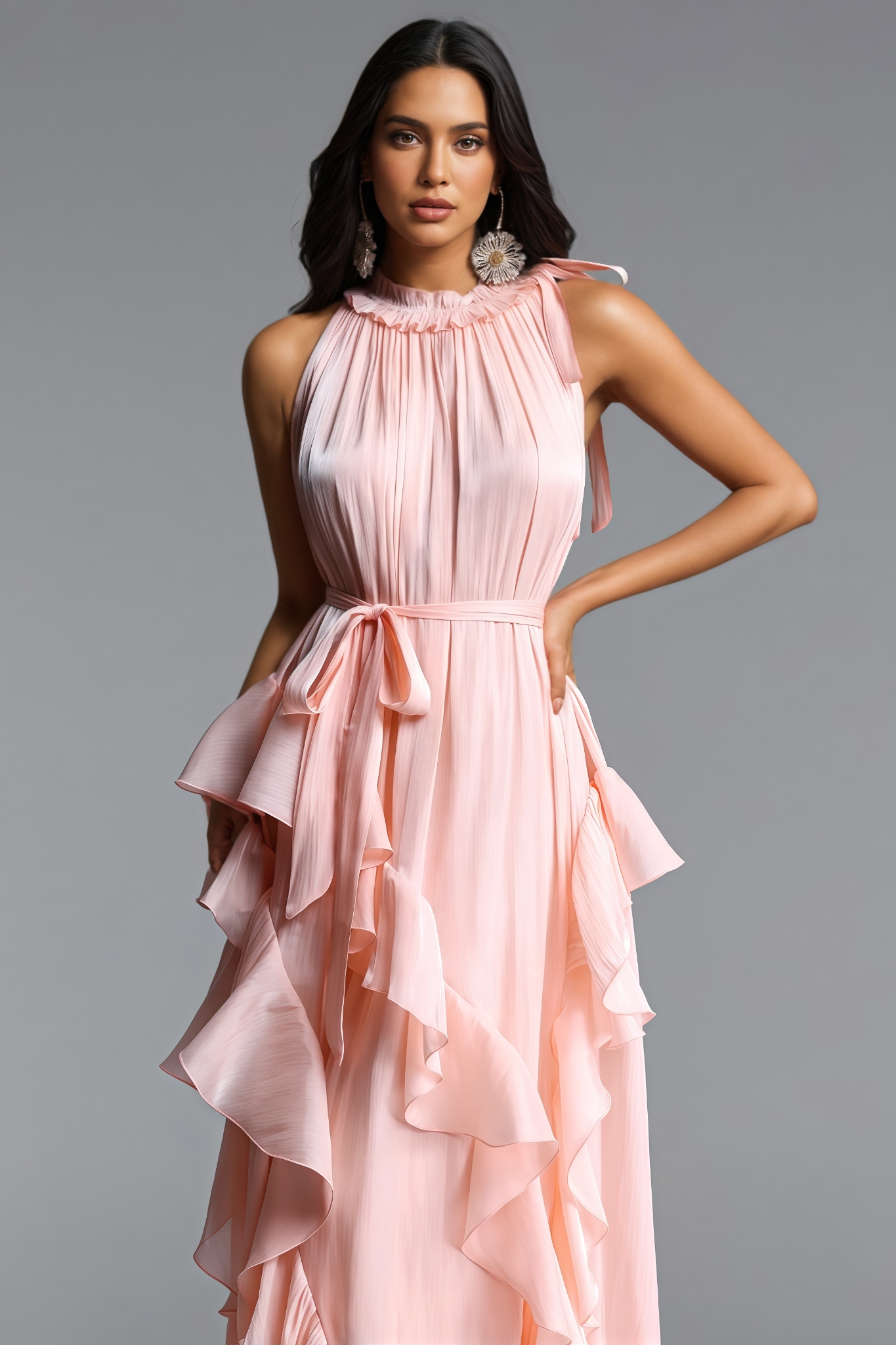 Morniat Pink Sleeveless Ruffle Maxi Dress