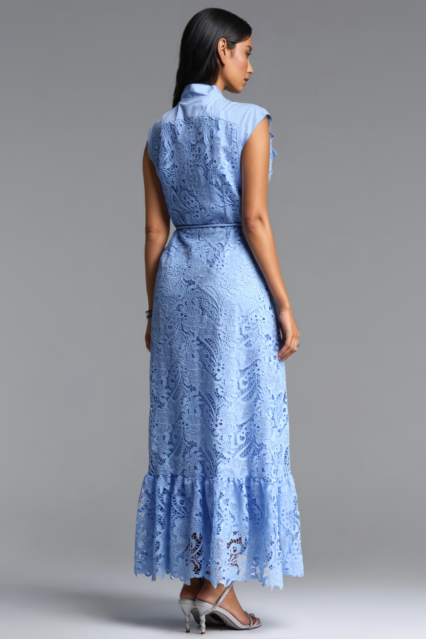 Goyint Blue Sleeveless Bow Lace Maxi Dress