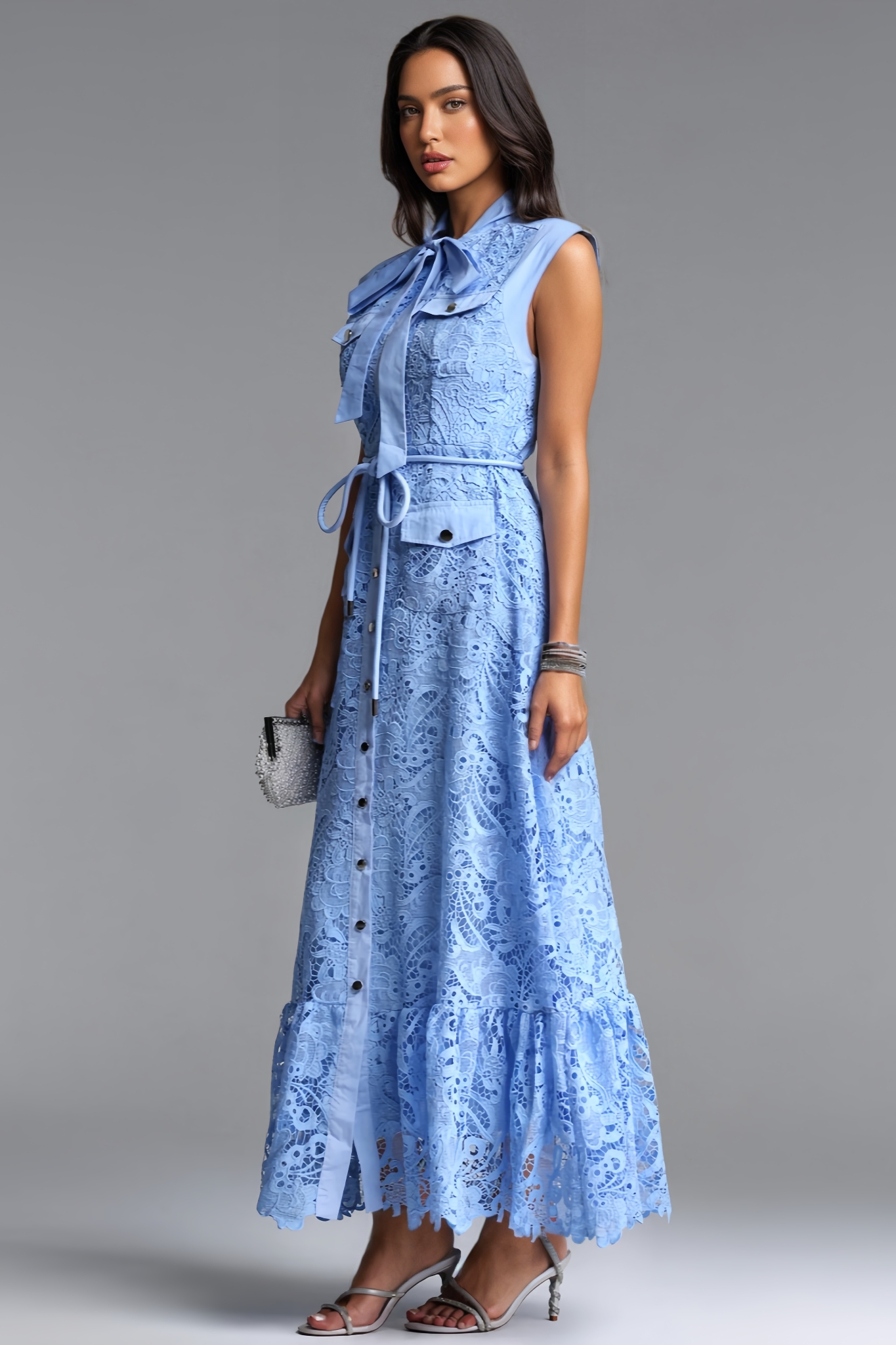 Goyint Blue Sleeveless Bow Lace Maxi Dress