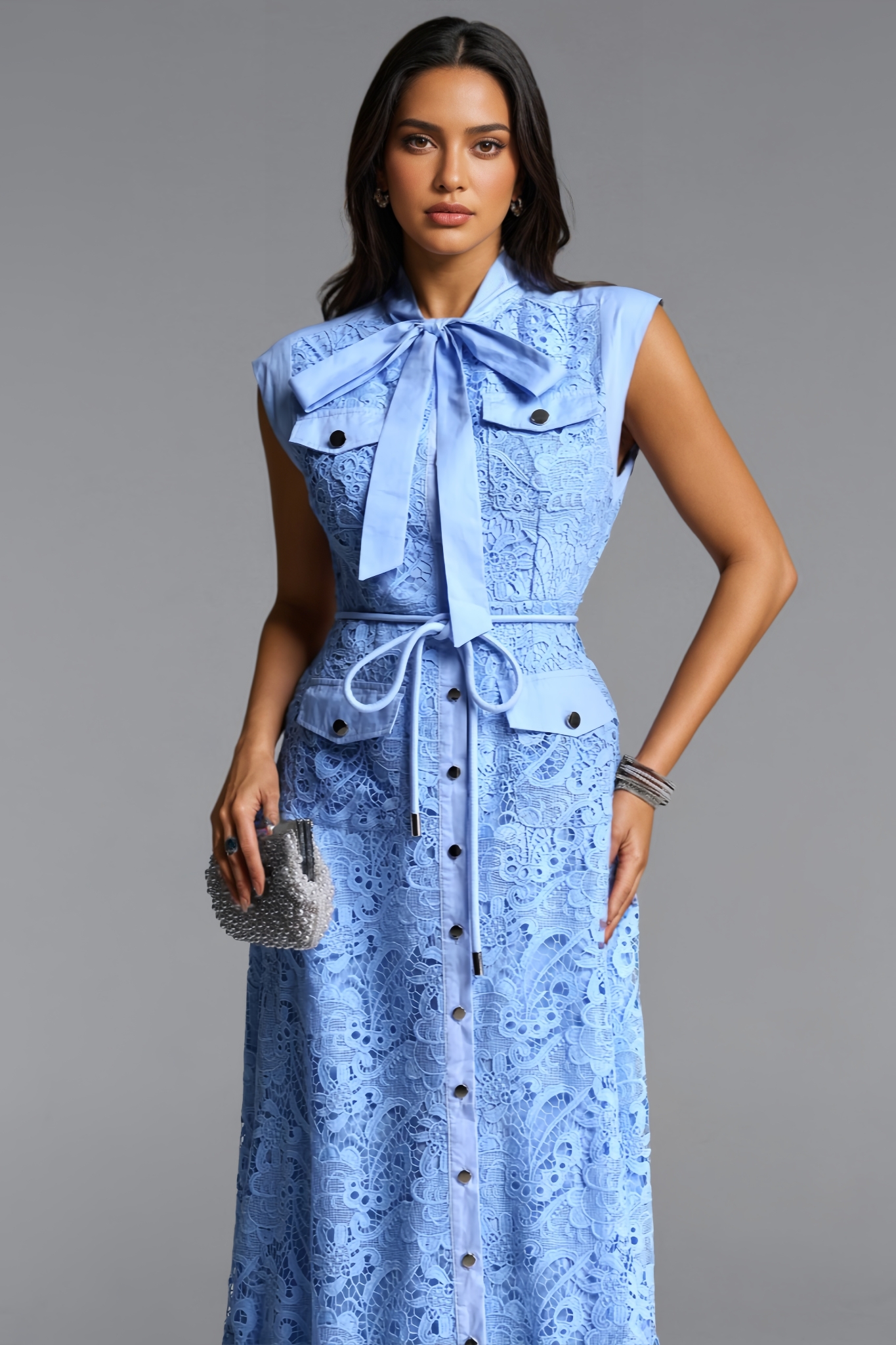 Goyint Blue Sleeveless Bow Lace Maxi Dress