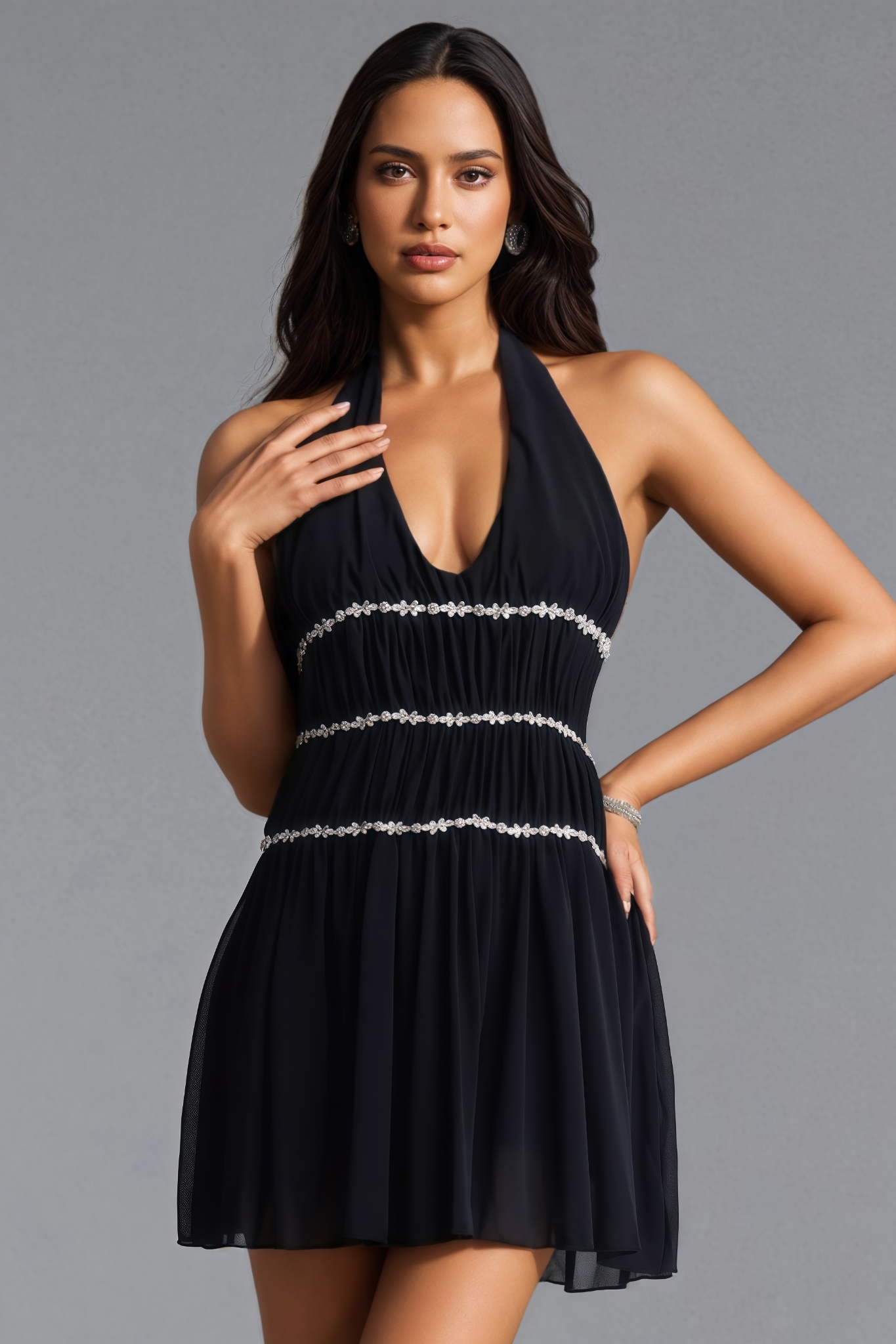 Genyin Black Sleeveless Rhinestone Mesh Mini Dress