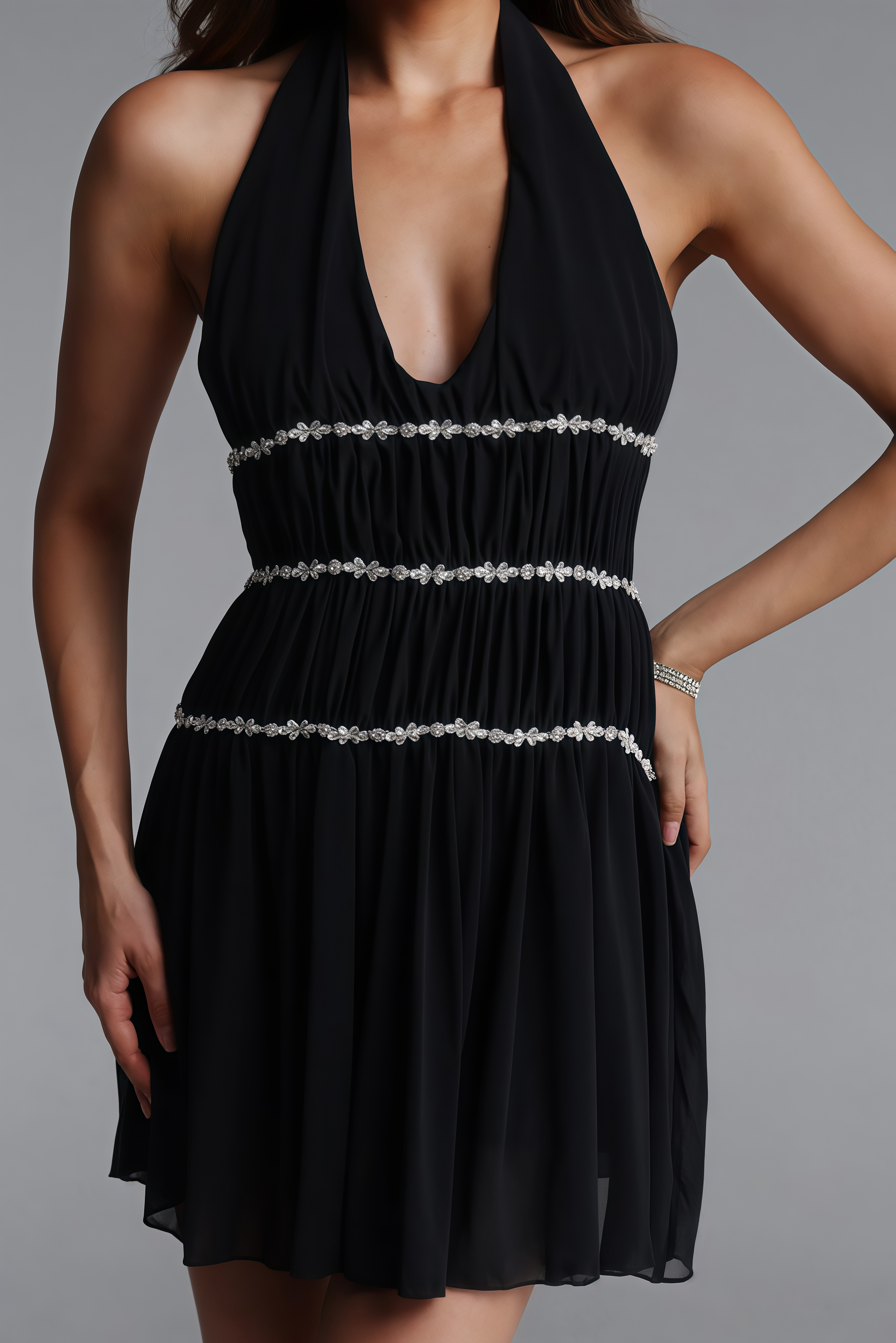 Genyin Black Sleeveless Rhinestone Mesh Mini Dress