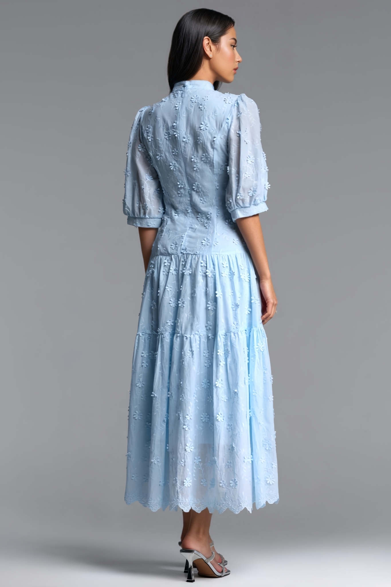 Hornisan Blue Puff Sleeve Maxi Dress