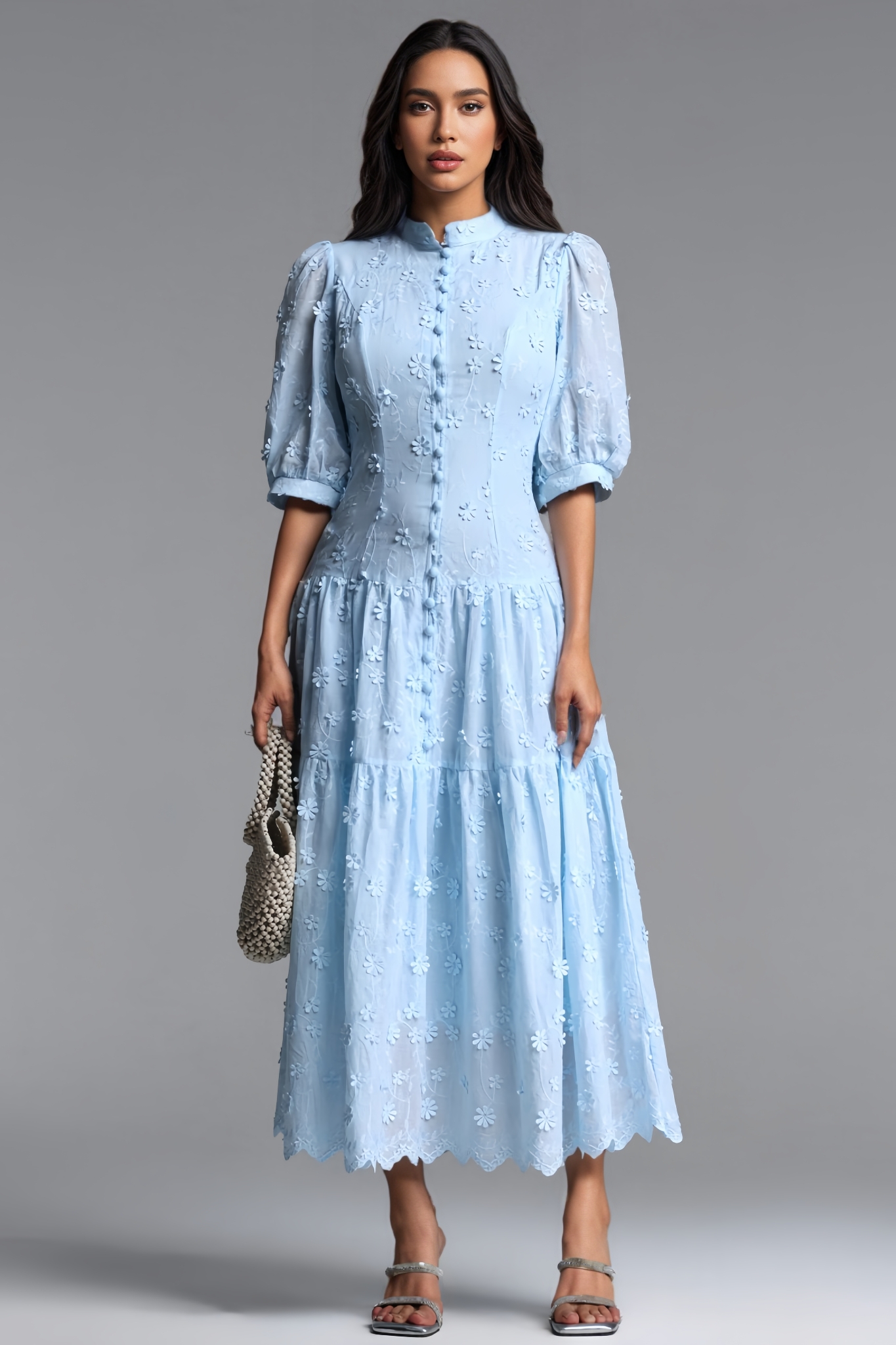 Hornisan Blue Puff Sleeve Maxi Dress
