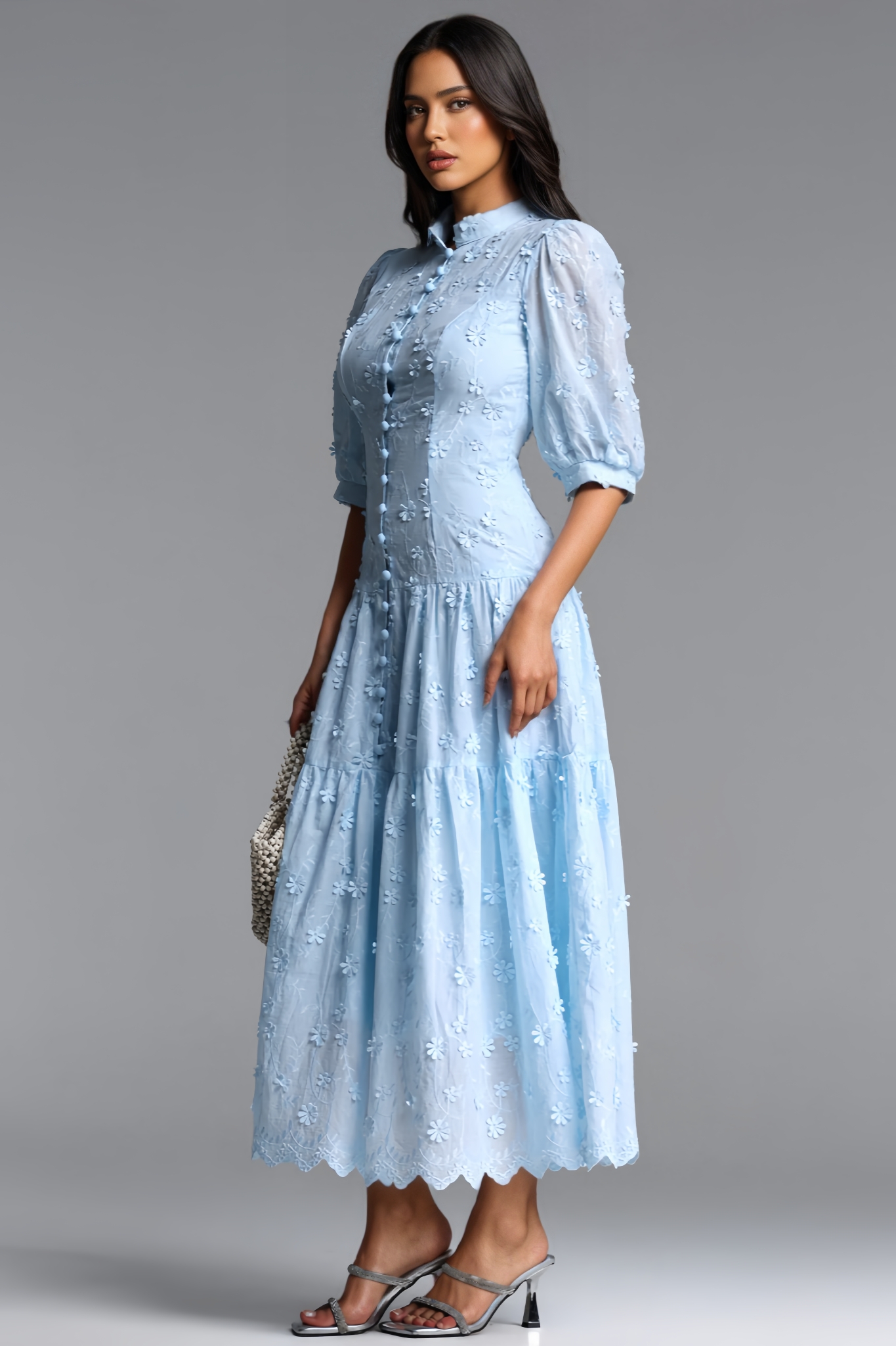 Hornisan Blue Puff Sleeve Maxi Dress