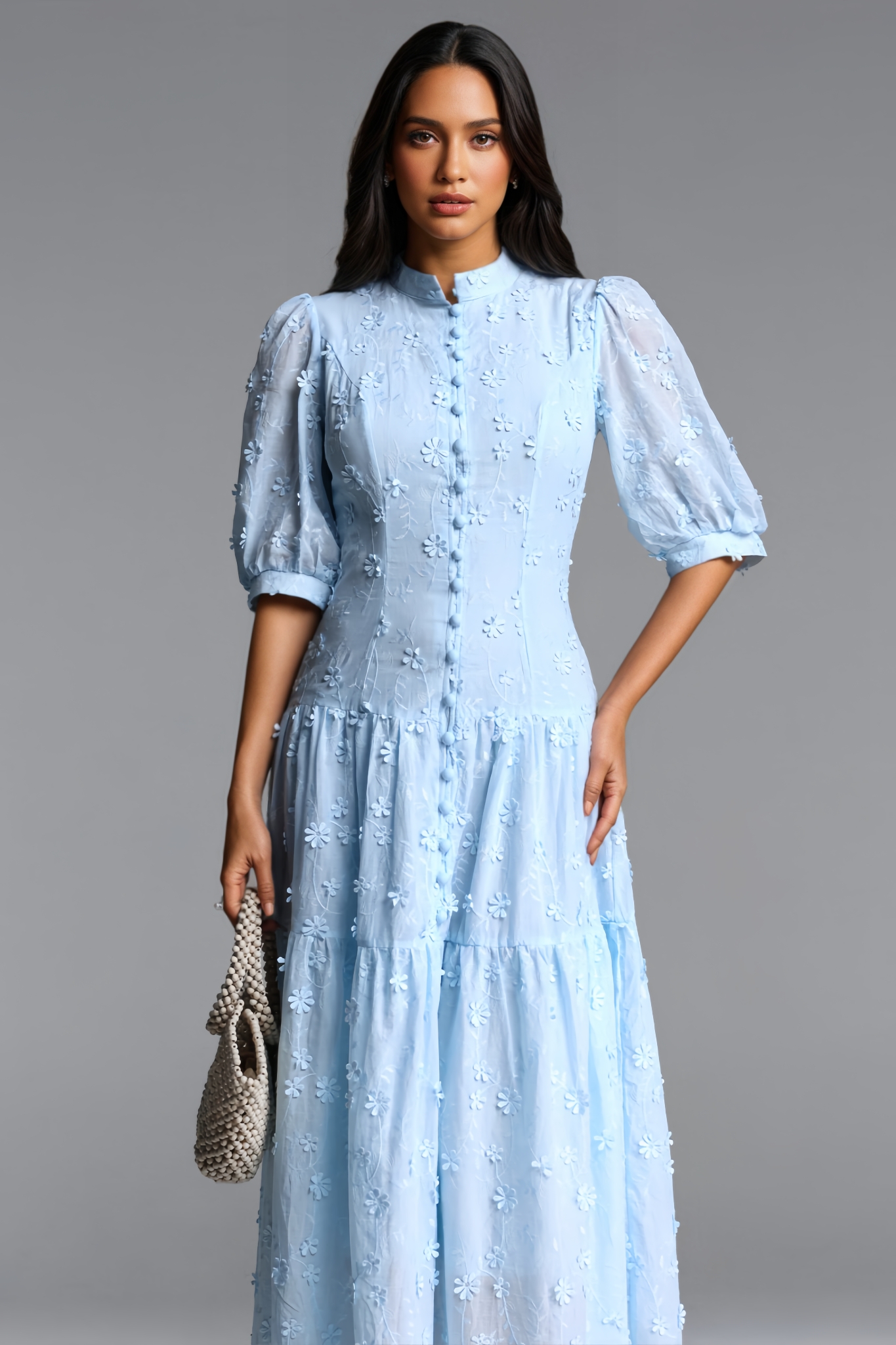 Hornisan Blue Puff Sleeve Maxi Dress