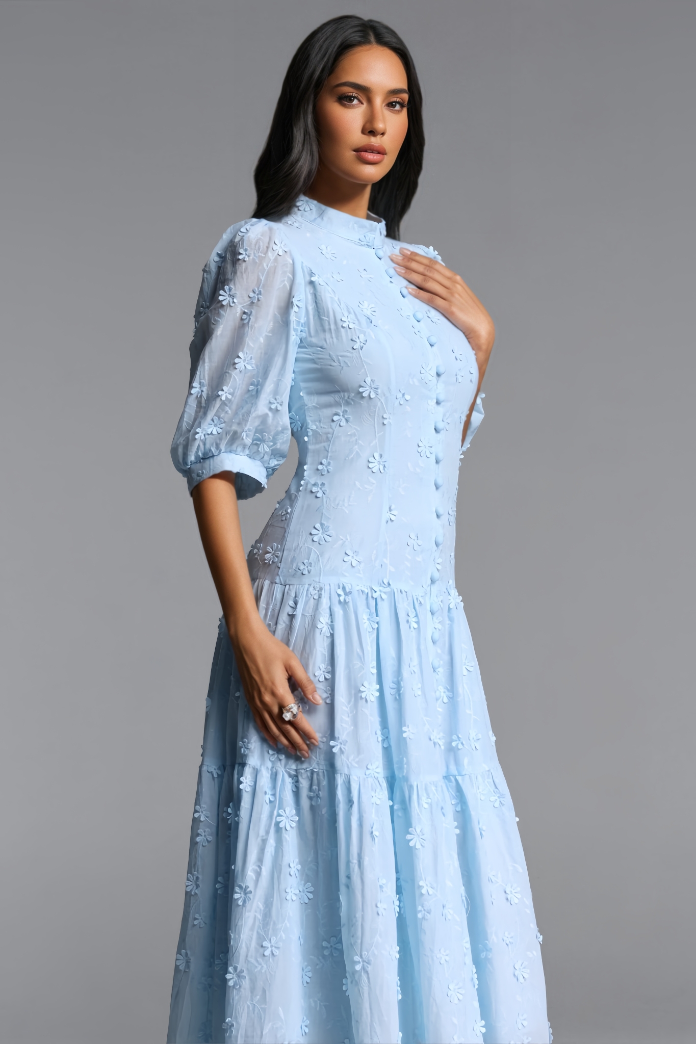 Hornisan Blue Puff Sleeve Maxi Dress