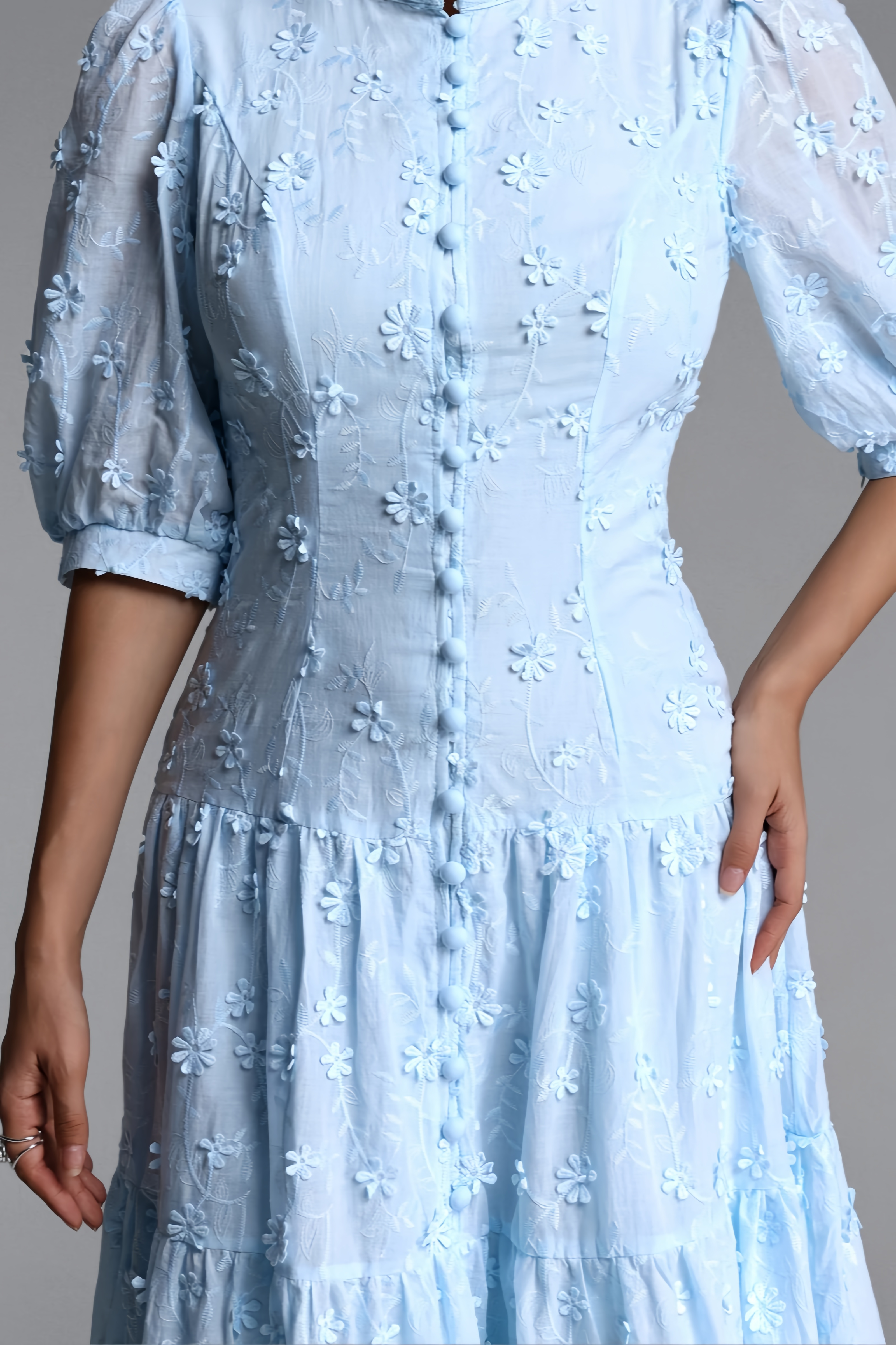 Hornisan Blue Puff Sleeve Maxi Dress