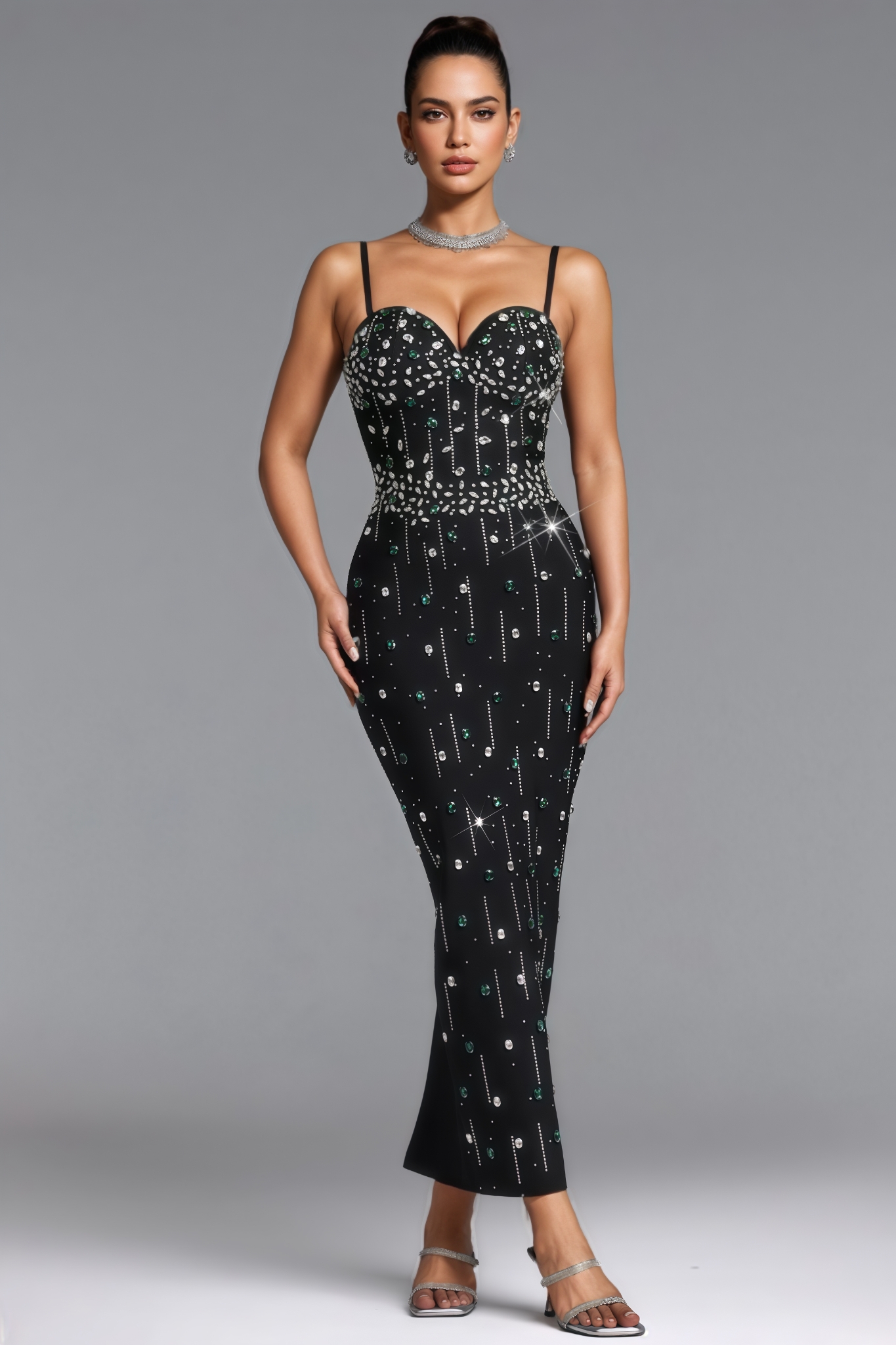 Brnien Black Rhinestone Bandage Maxi Dress