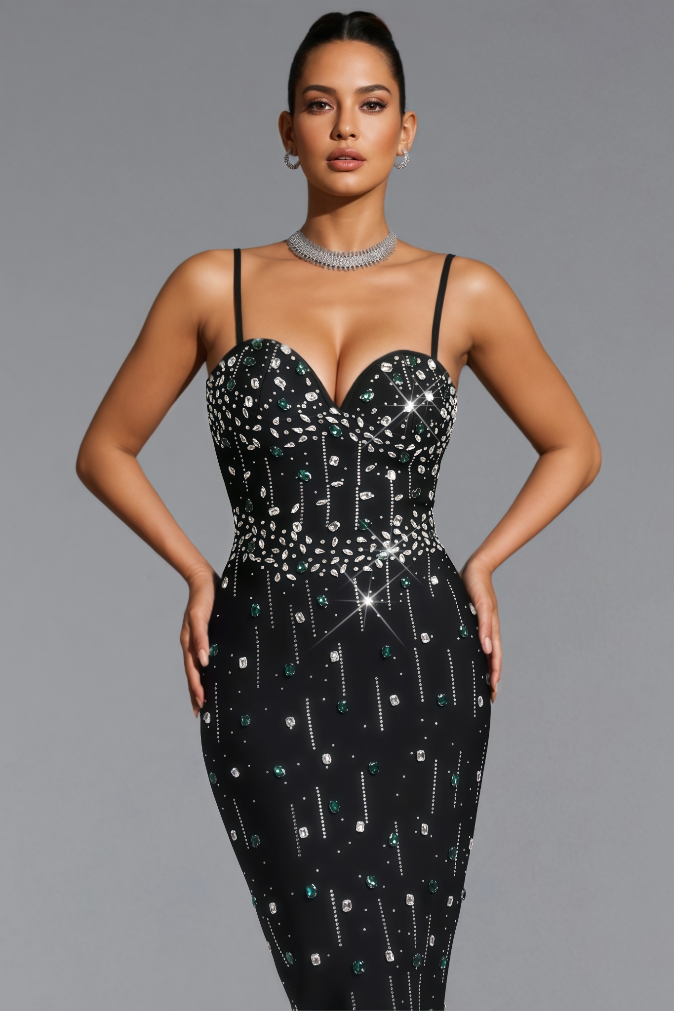 Brnien Black Rhinestone Bandage Maxi Dress