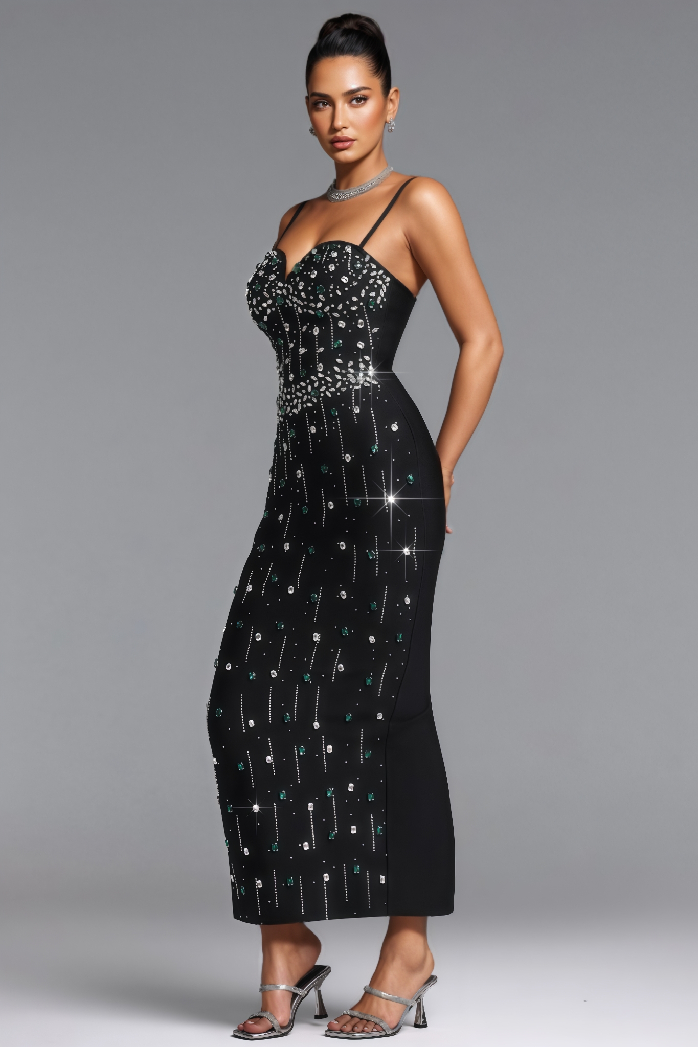 Brnien Black Rhinestone Bandage Maxi Dress
