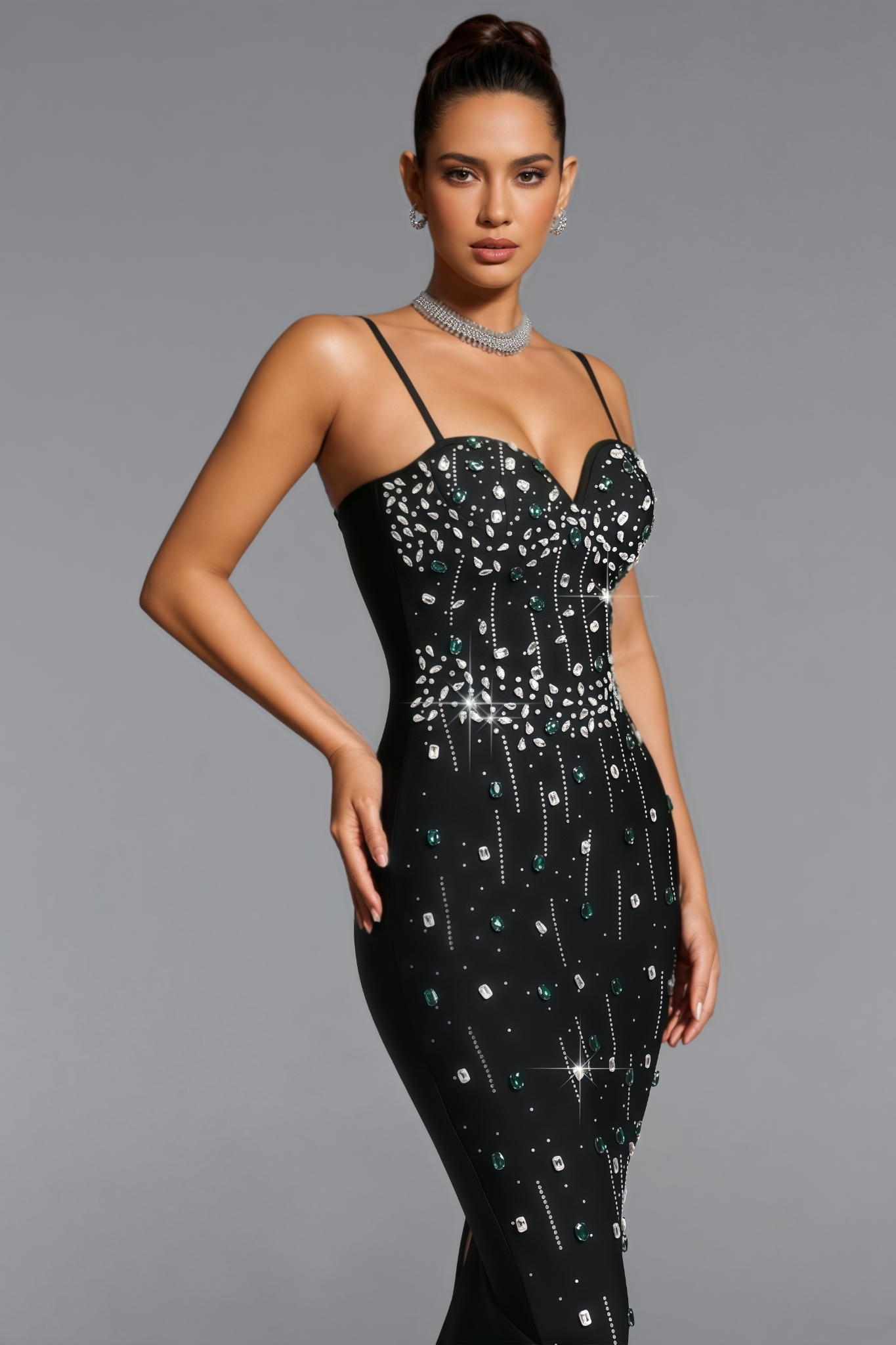 Brnien Black Rhinestone Bandage Maxi Dress