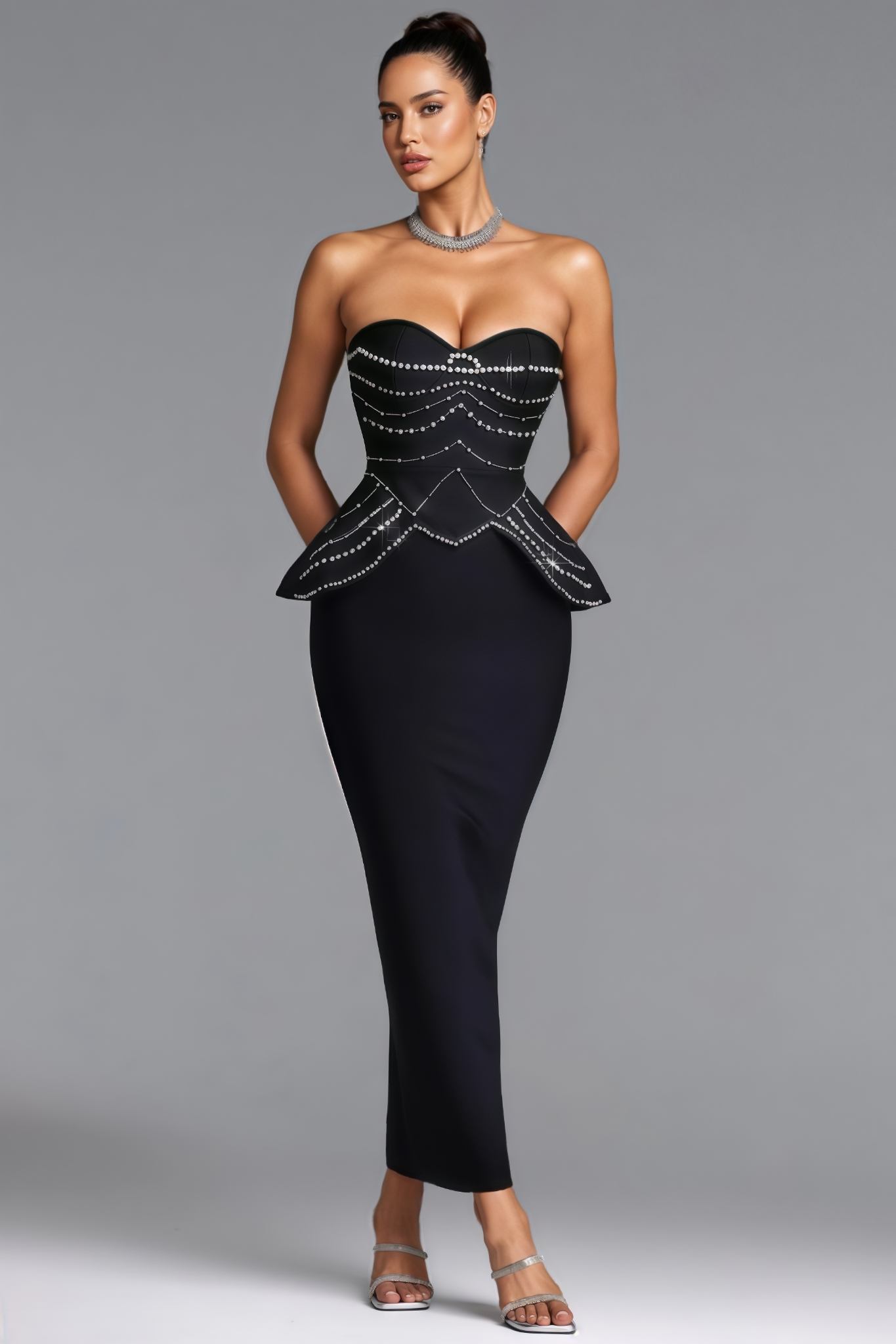Zecnh Black Strapless Rhinestone Bandage Maxi Dress