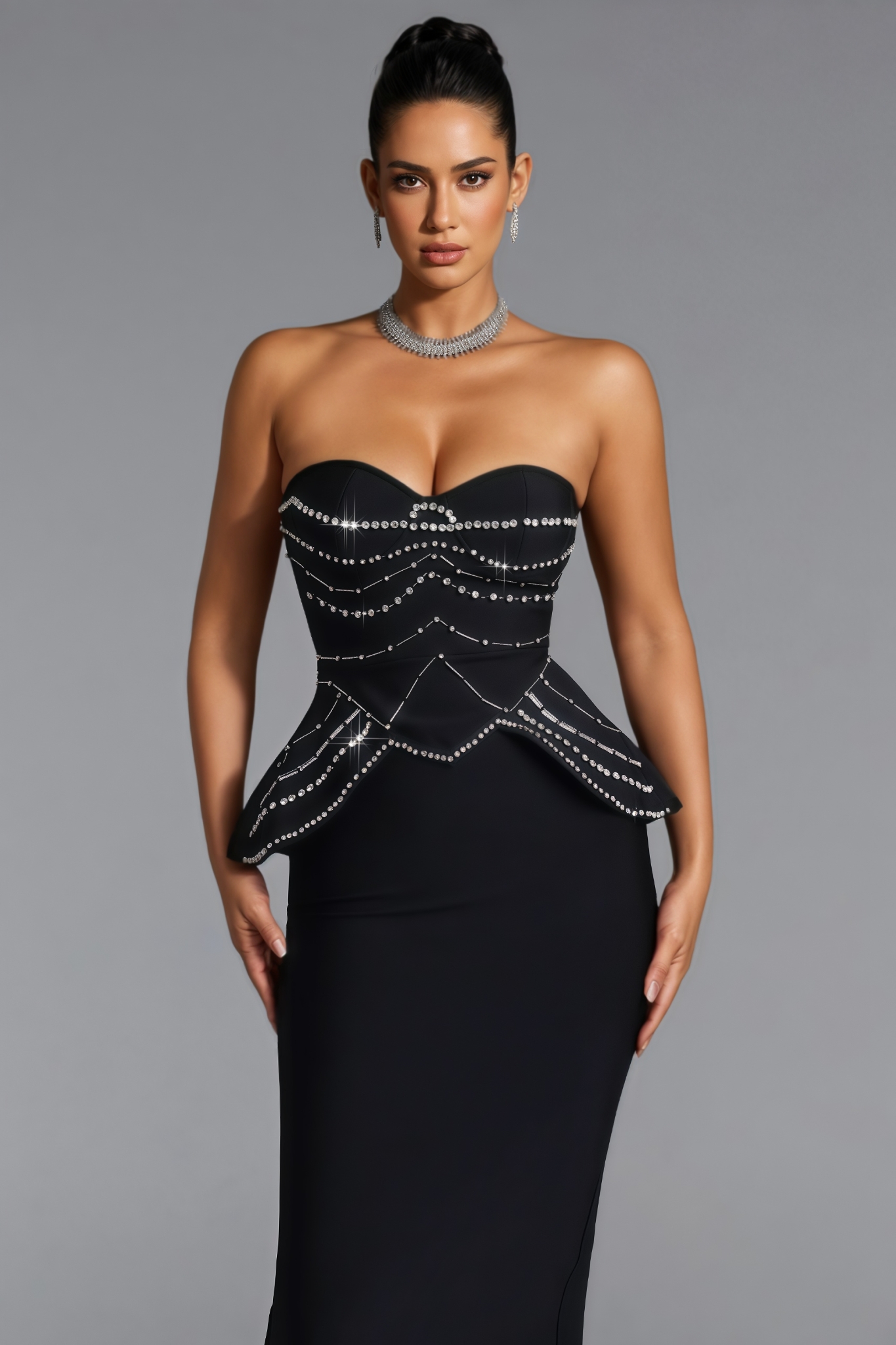 Zecnh Black Strapless Rhinestone Bandage Maxi Dress
