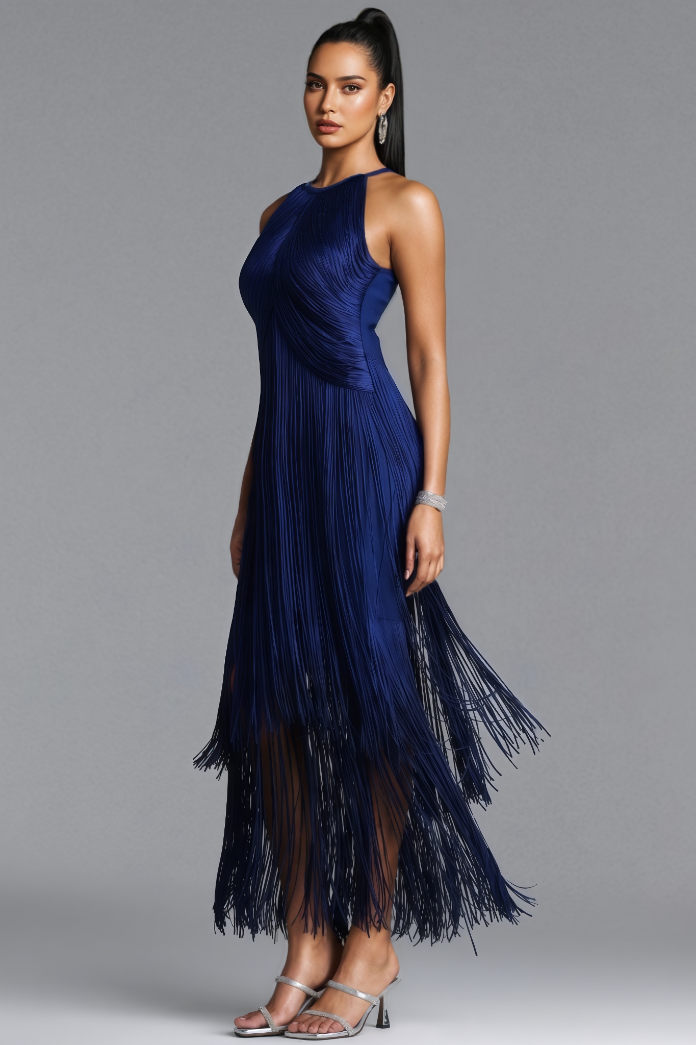 Koitilyn Halter Neck Fringe Bandage Maxi Dress
