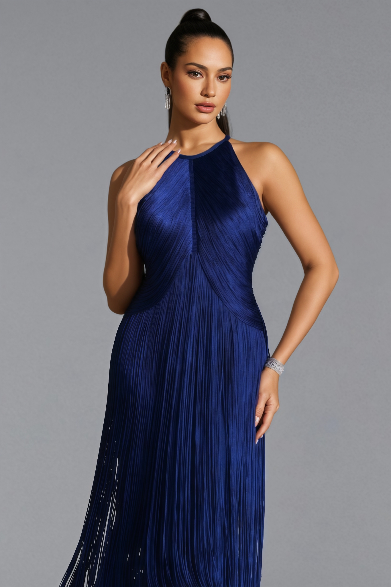 Koitilyn Halter Neck Fringe Bandage Maxi Dress