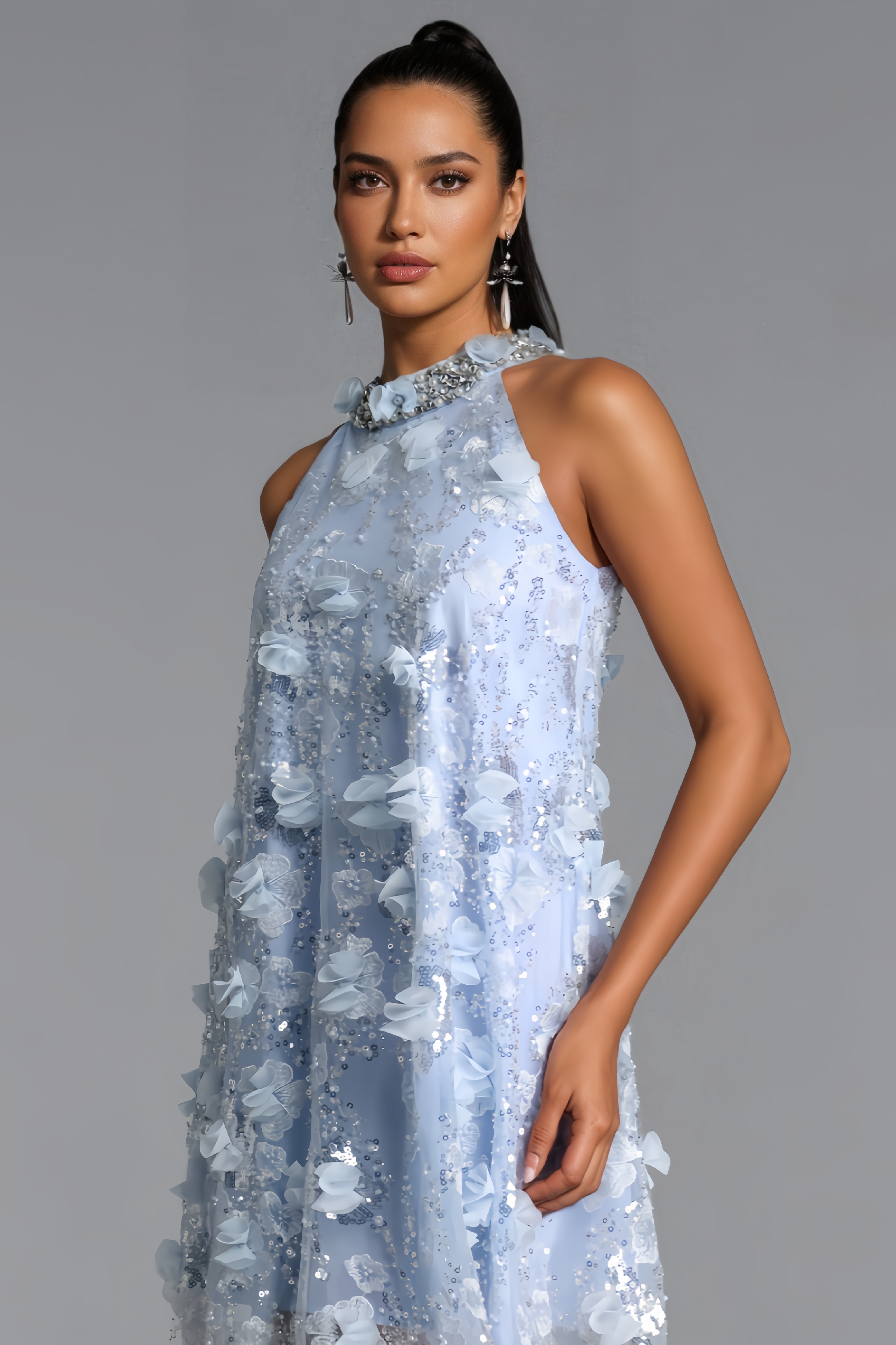 Daliloh Blue Halter Floral Sequin Mini Dress