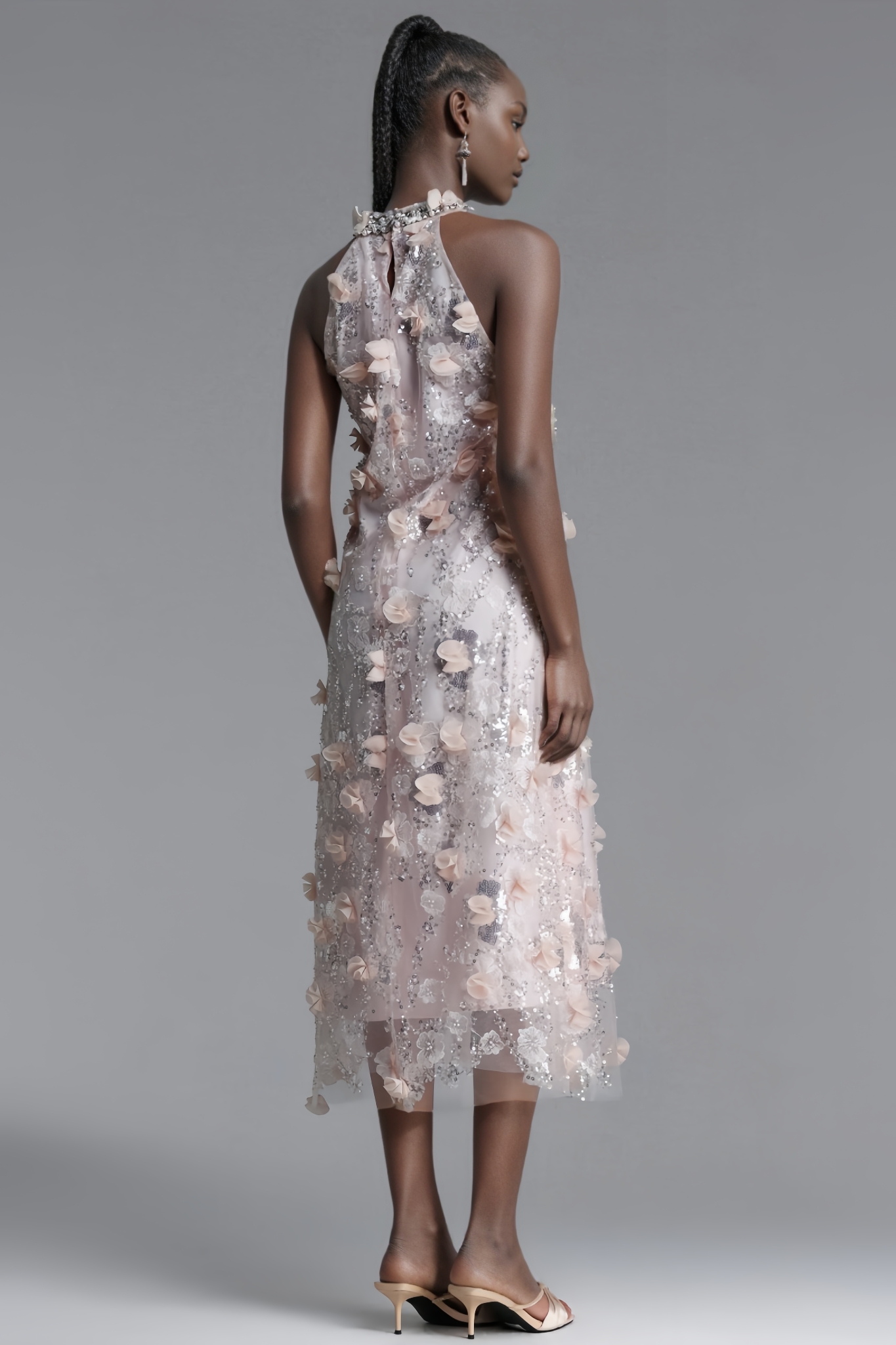 Morlan Halter Floral Sequin Maxi Dress