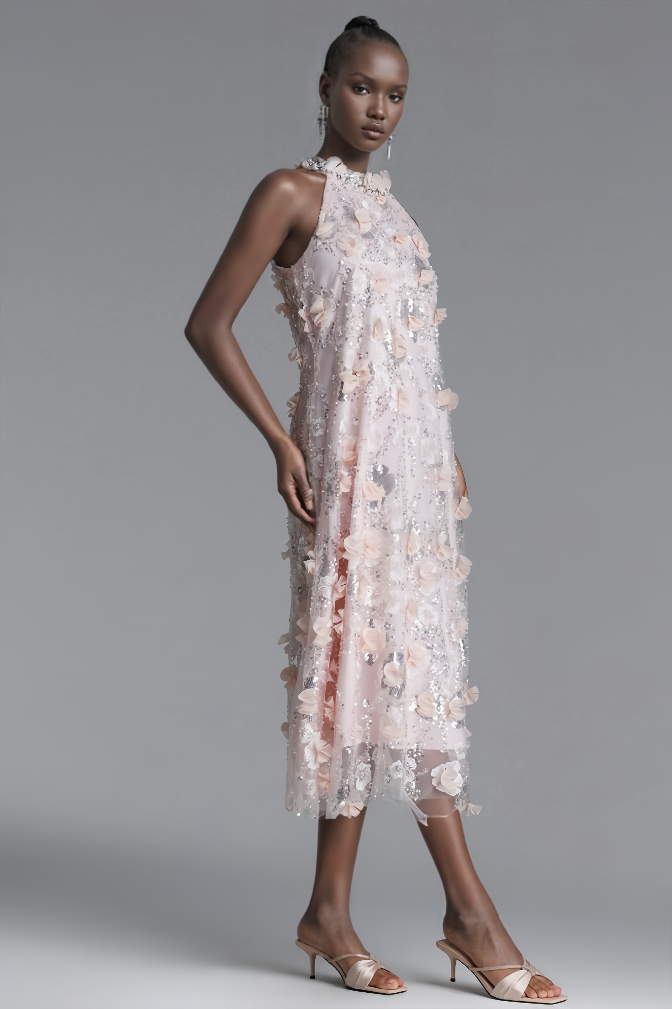 Morlan Halter Floral Sequin Maxi Dress