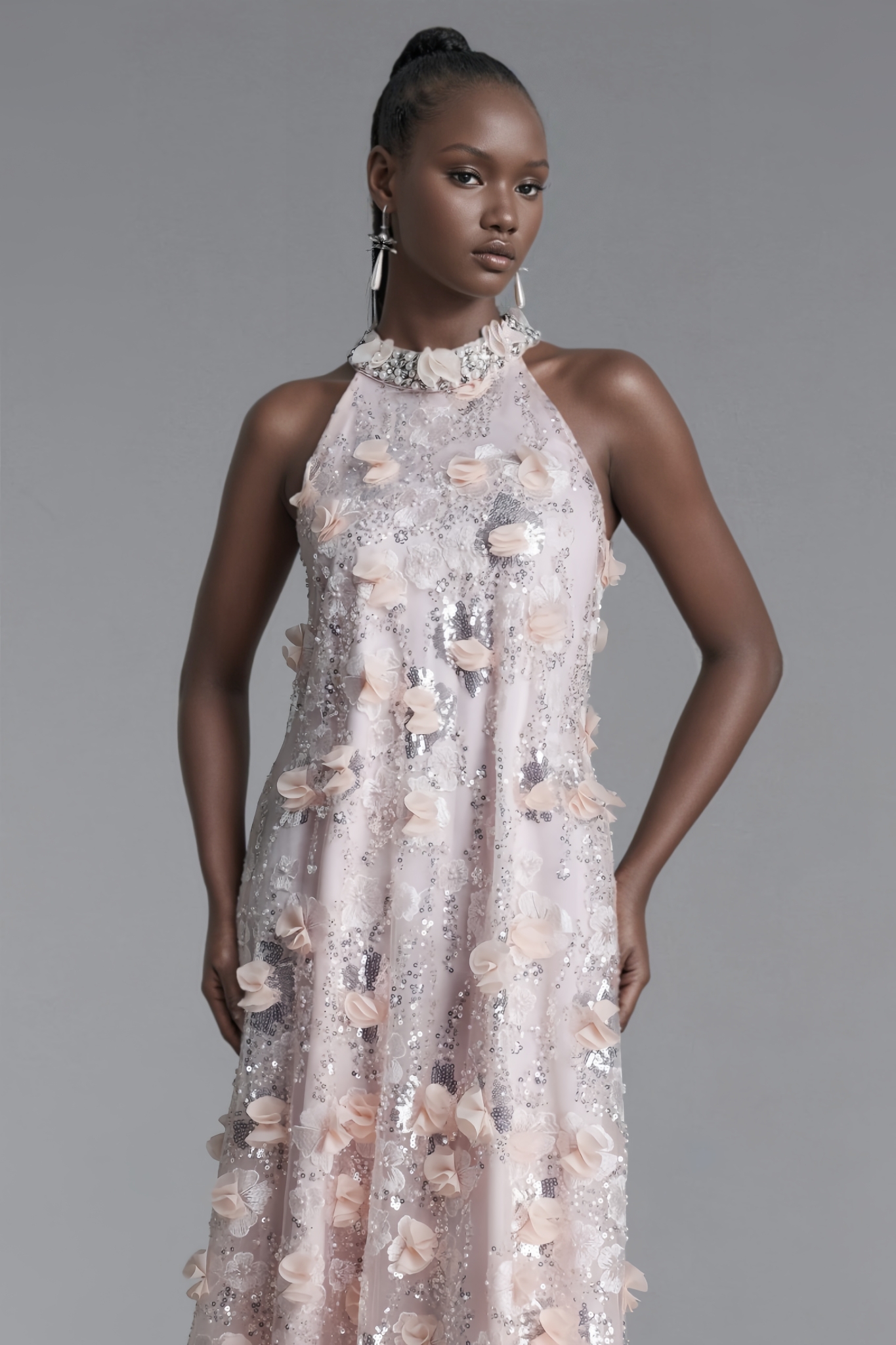 Morlan Halter Floral Sequin Maxi Dress