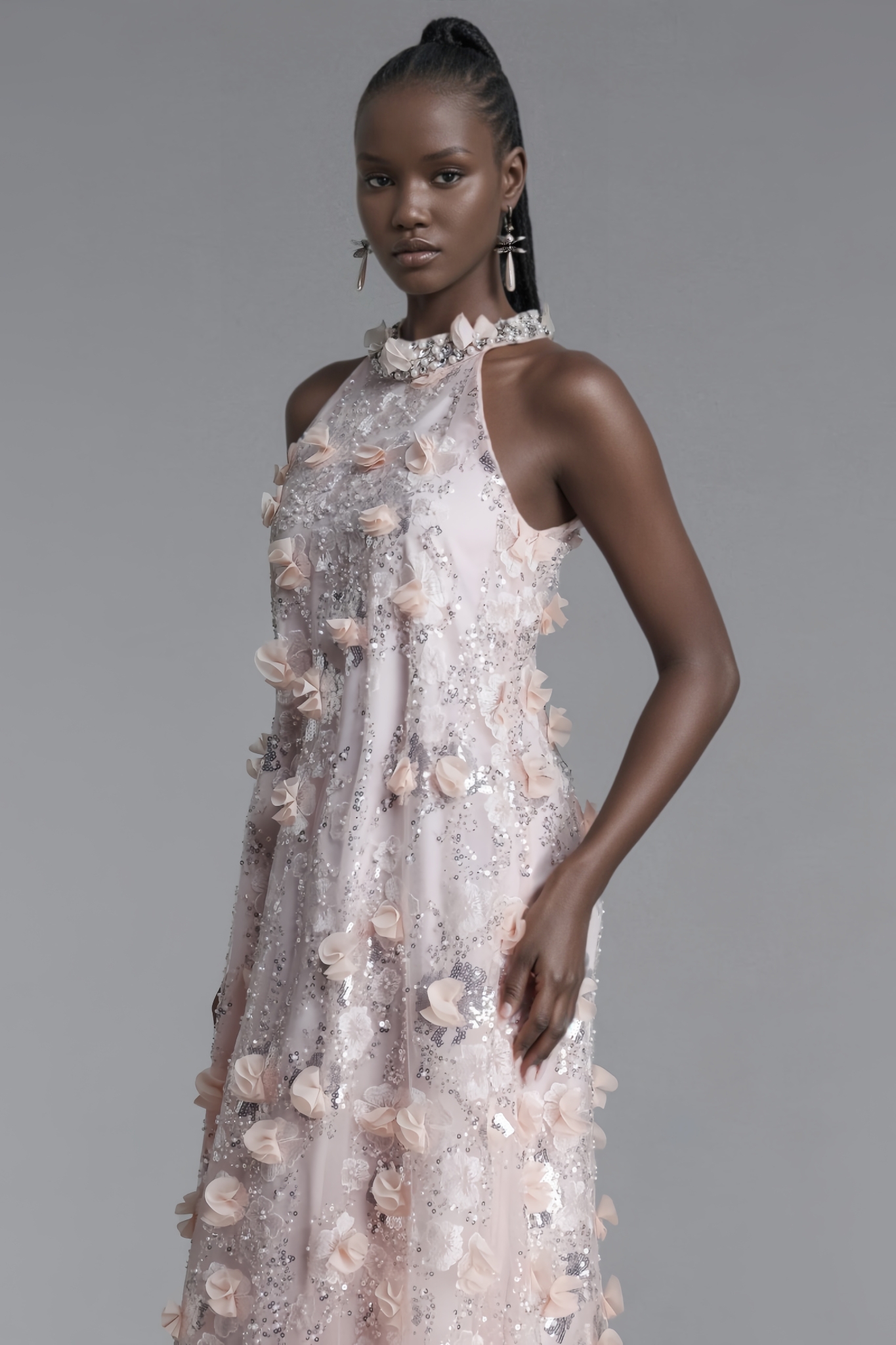 Morlan Halter Floral Sequin Maxi Dress