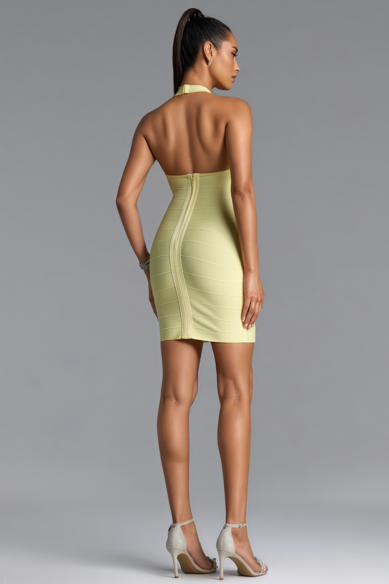 Froncis Yellow Halter Stripe Bandage Mini Dress