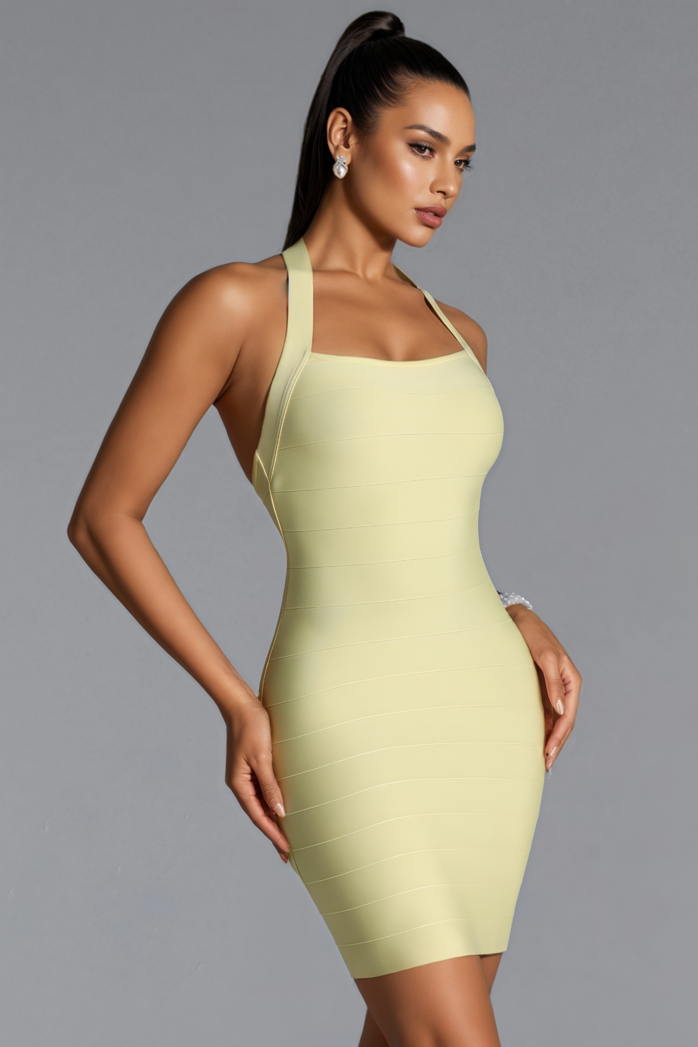 Froncis Yellow Halter Stripe Bandage Mini Dress
