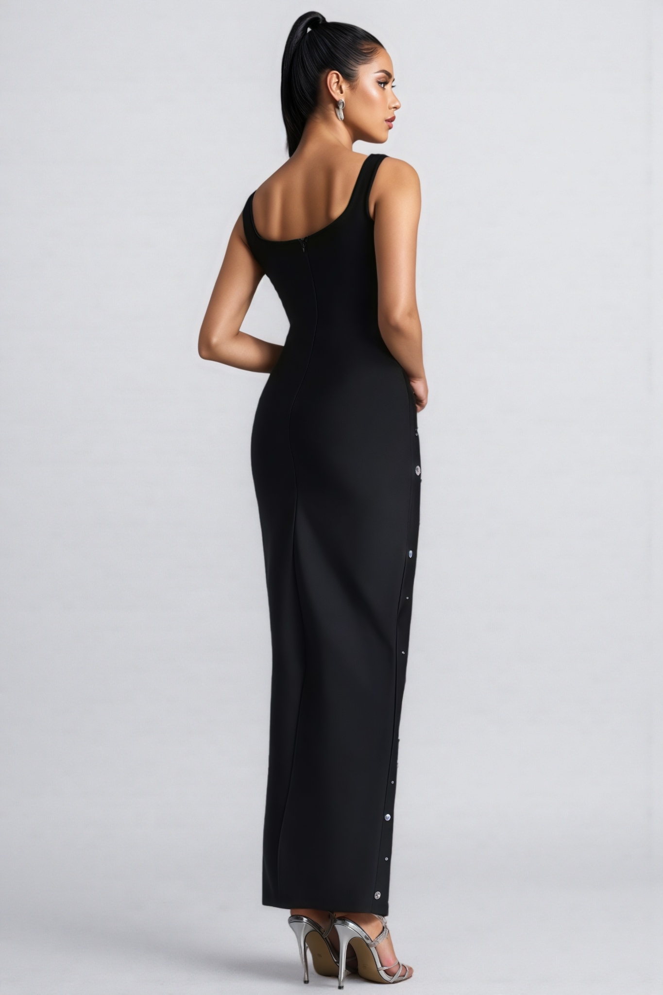 Tyranse Black Rhinestone Bandage Maxi Dress