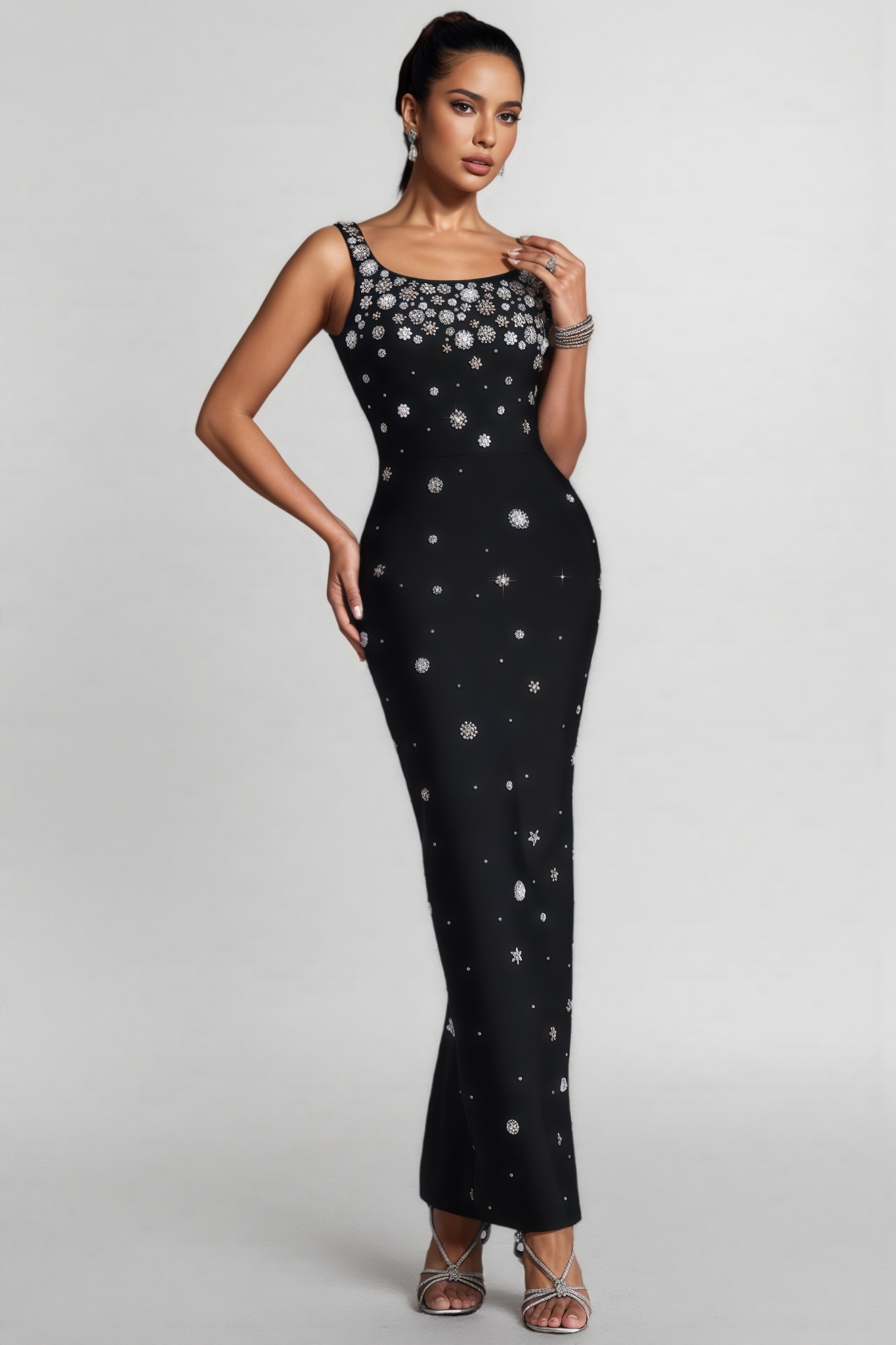 Tyranse Black Rhinestone Bandage Maxi Dress